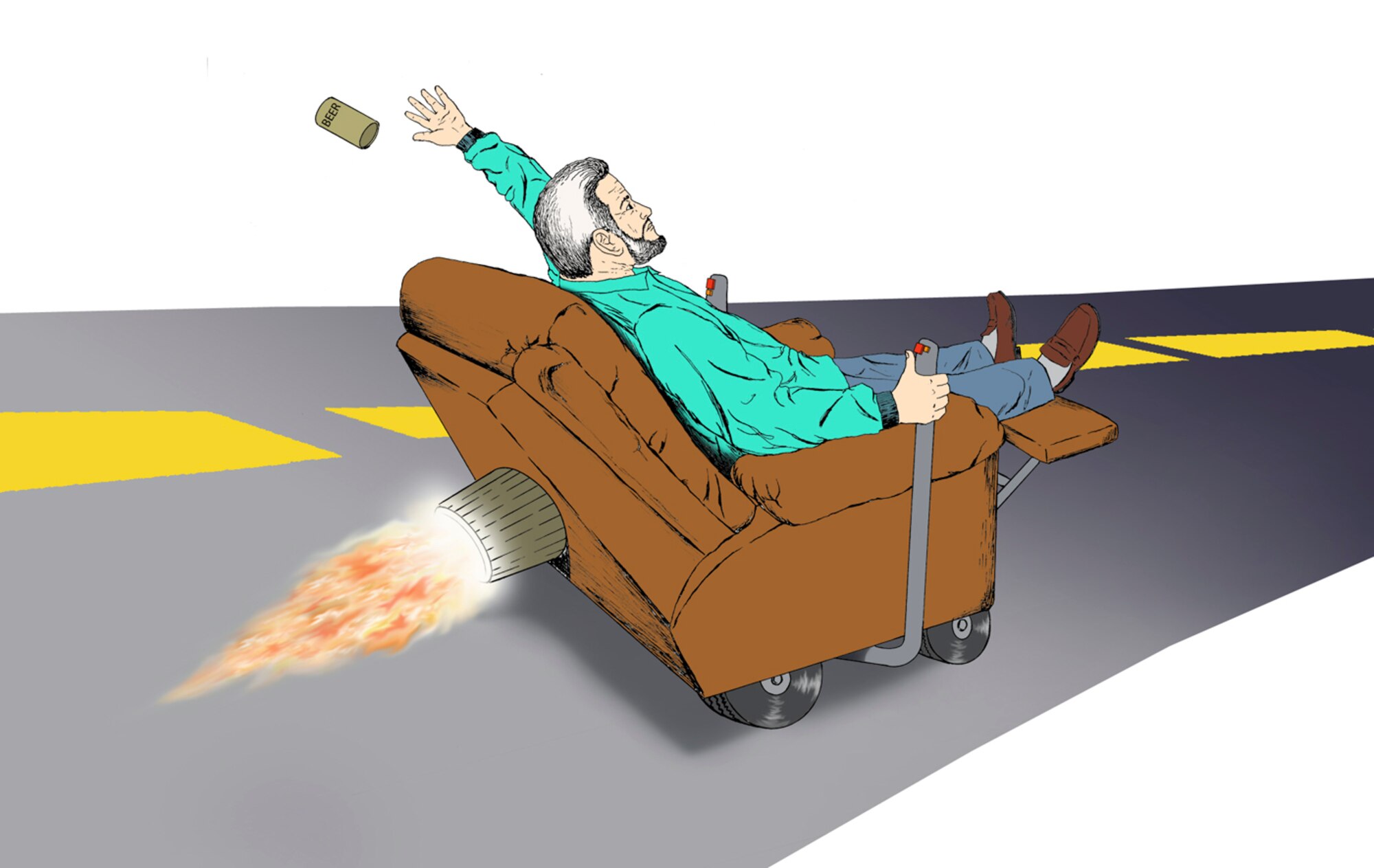 A Minnesota auto body mechanic pleaded guilty Nov. 19 to driving his motorized recliner while drunk. Police said the chair, which was powered by a converted lawnmower with a race car steering wheel, gear shifter, headlights and a power antenna. It also has such amenities as a stereo, cup holders and a National Hot Rod Association Sticker on the headrest. Gas-powered, police estimated it could travel 15 to 20 mph. (Illustration by Sammie W. King)
