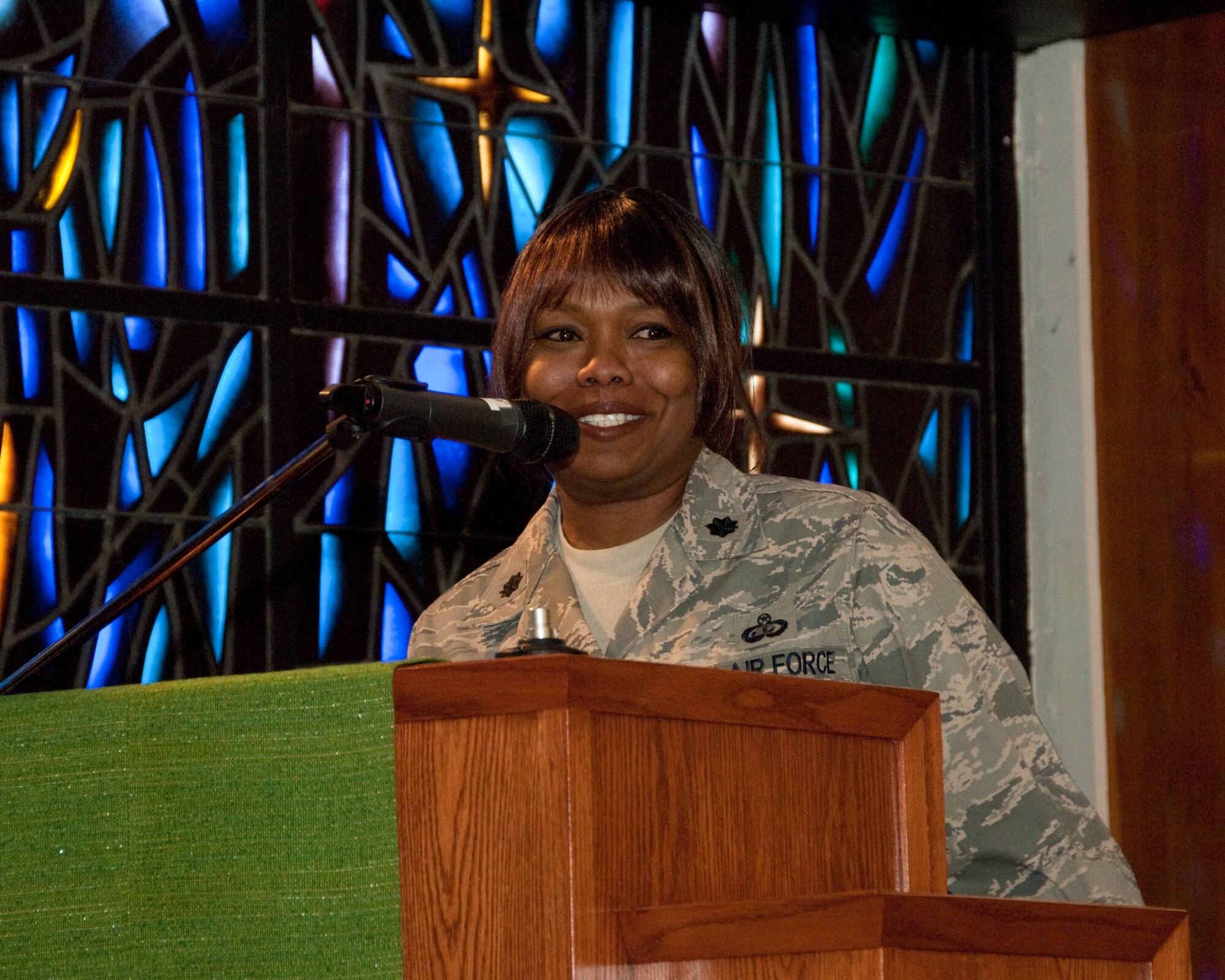 Lt. Col. Susie Lewis, 95th Force Support Squadron commander, discusses her life experiences and her concept of exposure, access and opportunity for all during Dec. 14. Themed, Remember! Act! Celebrate!, the event was held in honor of Martin Luther King Day.(NASA photo/Tony Landis)

