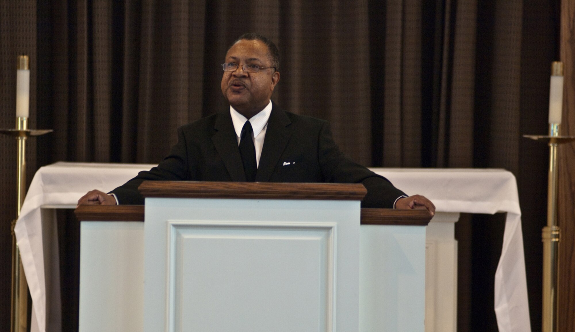 Nearly 50 years after it was originally delivered, Tim Martin, 66th Security Forces Squadron administrative assistant to the commander, performs Dr. Martin Luther King Jr.'s "I Have a Dream" speech for the Hanscom community at a commemoration service, held at the Base Chapel on Jan. 15. Dr. King delivered the speech, arguably his most famous, on August 28, 1963 in Washington, D.C., as part of the March on Washington for Jobs and Freedom, a peaceful civil rights demonstration.  (U.S. Air Force photo by Rick Berry)   