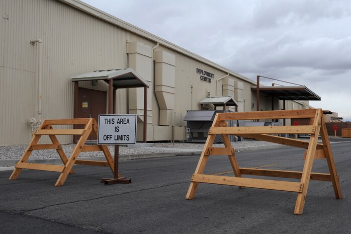 NELLIS AIR FORCE BASE, Nev.-- The Deployment Center is off limits while in force protection condition Bravo  as part of a 99th Air Base Wing operational readiness exercise Jan. 19. The ORE is in preparation for an upcoming operation readiness inspection Jan. 25-29. (U.S. Air Force photo by Airman 1st Class Brett Clashman)