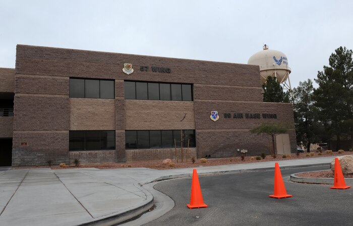 NELLIS AIR FORCE BASE, Nev.-- The 99th Air Base Wing Headquarters while under force protection condition Bravo as part of a 99th Air Base Wing operational readiness exercise Jan. 19. The ORE is in preparation for an upcoming operation readiness inspection Jan. 25-29. (U.S. Air Force photo by Airman 1st Class Brett Clashman)
