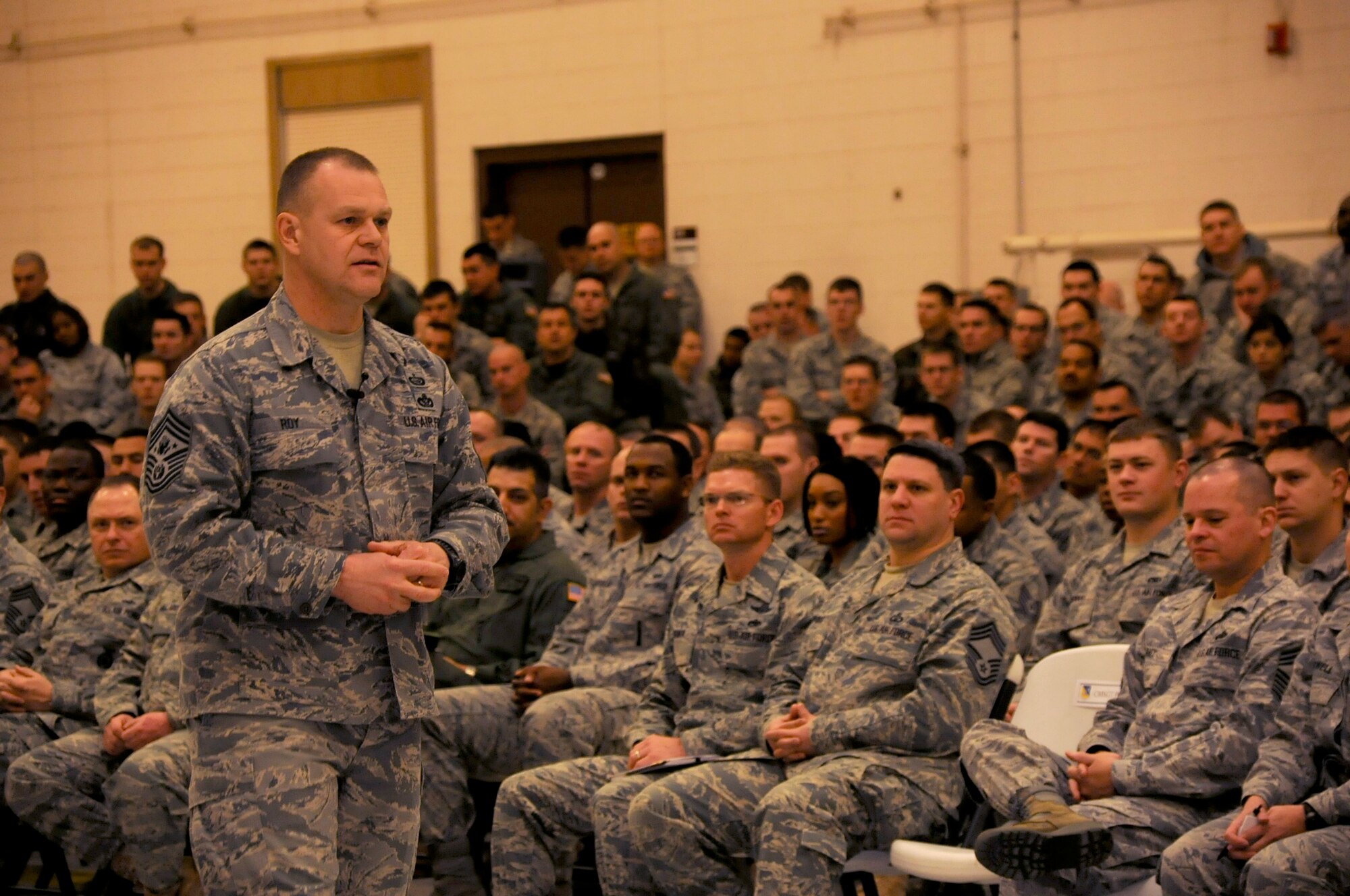 CANNON AIR FORCE BASE, N.M.-- Chief Master Sergeant of the Air Force James Roy speaks during an Airmen's call here, Jan 20. "We are a nation at war. With a response time like no one else, that is why you get called." Chief Roy said, (U.S. Air Force photo by Senior Airman Erik Cardenas)