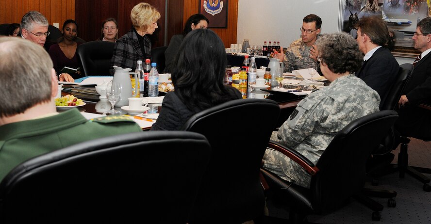 U.S. Air Force Brig. Gen. Mark Dillon, Kaiserslautern Military Community and 86th Airlift Wing commander, welcomes German officials during their visit to Ramstein Air Base, Germany, Jan. 20, 2010. The German officials’ visit to Ramstein was an opportunity for KMC area and Ramstein leadership to come together to discuss concerns and to build partnerships between the Air Force and local community. (U.S. Air Force photo by Airman 1st Class Brea Miller)