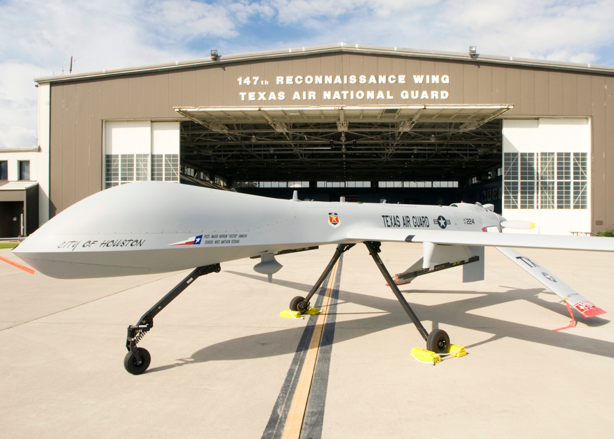 A 147th Reconnaissance Wing MQ-1B Predator parked in front of the hangar at Ellington Field Joint Reserve Base, Houston,Texas 20 October 2009. 