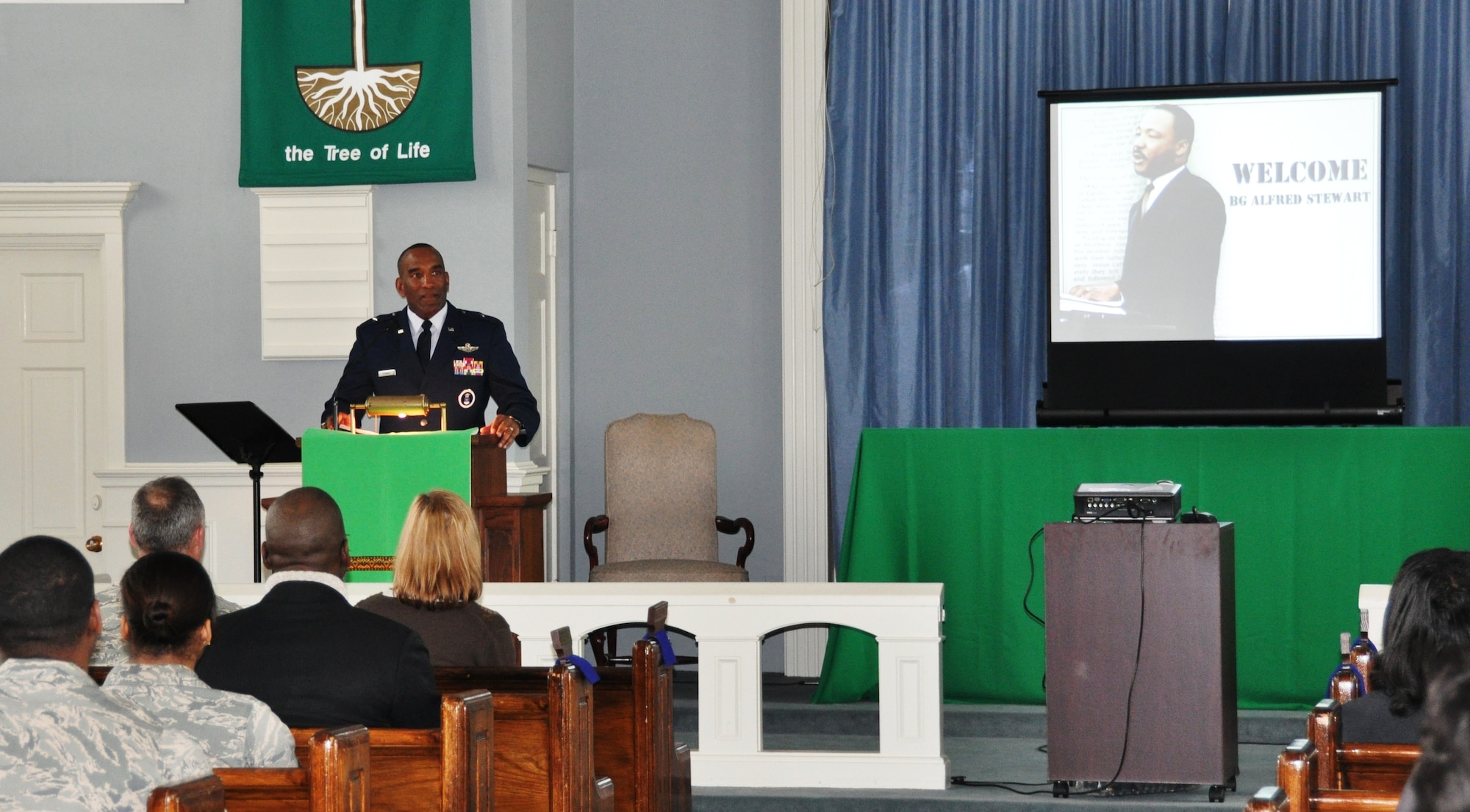Brig. Gen. Alfred Stewart, Air Education and Training Command Air Force Recruiting Service Commander, appeared as the guest speaker while Team Tyndall members gathered to celebrate and remember the life of Dr. Martin Luther King Jr. at Chapel One Jan.19.  The general’s speech was accompanied by song selection, scripture writing, and video clips to emphasize the stand Dr. Martin Luther King Jr. took for equality.  (U.S. Air Force photo/Senior Airman Veronica McMahon)