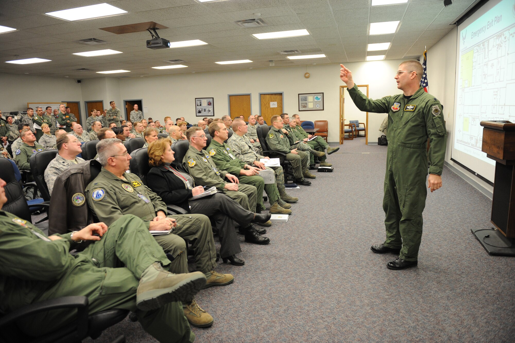MINOT AIR FORCE BASE, N.D. -- Lt. Col. Jon Dawson, 5th Bomb Wing inspector general, conducts an in-brief for Air Combat Command Inspector General inspectors for Minot’s ongoing nuclear surety inspection here Jan. 20. The 69th Bomb Squadron is having an initial NSI and the 5th Bomb Wing is having a no-notice limited NSI. (U.S. Air Force photo by Staff Sgt. Stacy Moless)