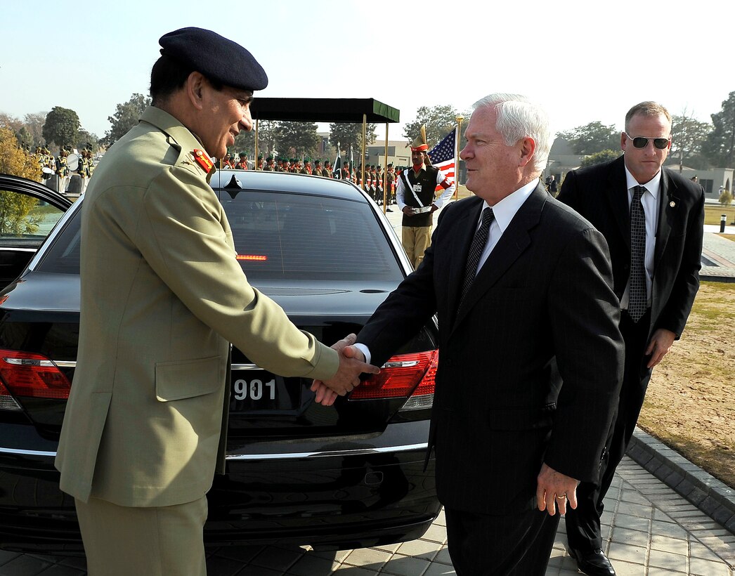 U.S. Defense Secretary Robert M. Gates, right, shakes hands with Pakistani Army Chief General Ashfaq Parvez Kayani at the the Pakistani army's General Headquarters in Rawalpindi prior to laying a wreath at the Army's Martyr's Monument that honors the sacrifices of security forces and citizens in their fight against extremists in Rawalpindi, Pakistan, Jan. 21, 2010.