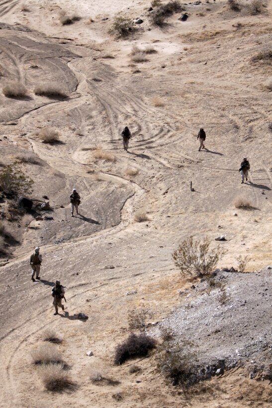Marines with Weapons Company, 1st Battalion, 7th Marine Regiment, make their way to the ridges behind Combat Center Range 200 during the observation portion of the Combat Hunter Course here Jan. 22. The course's curriculum is broken up into three key elements; combat tracking, combat patrolling and observation.