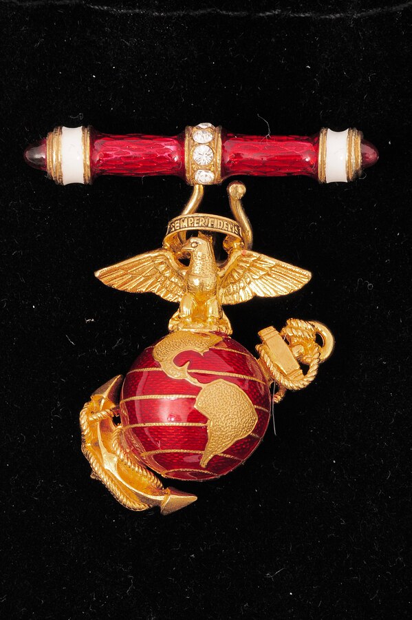 Close-up of Honorary Marine Pin earned by Briana Menendez during a ceremony Jan. 25 at Naval Air Station Joint Reserve Base.