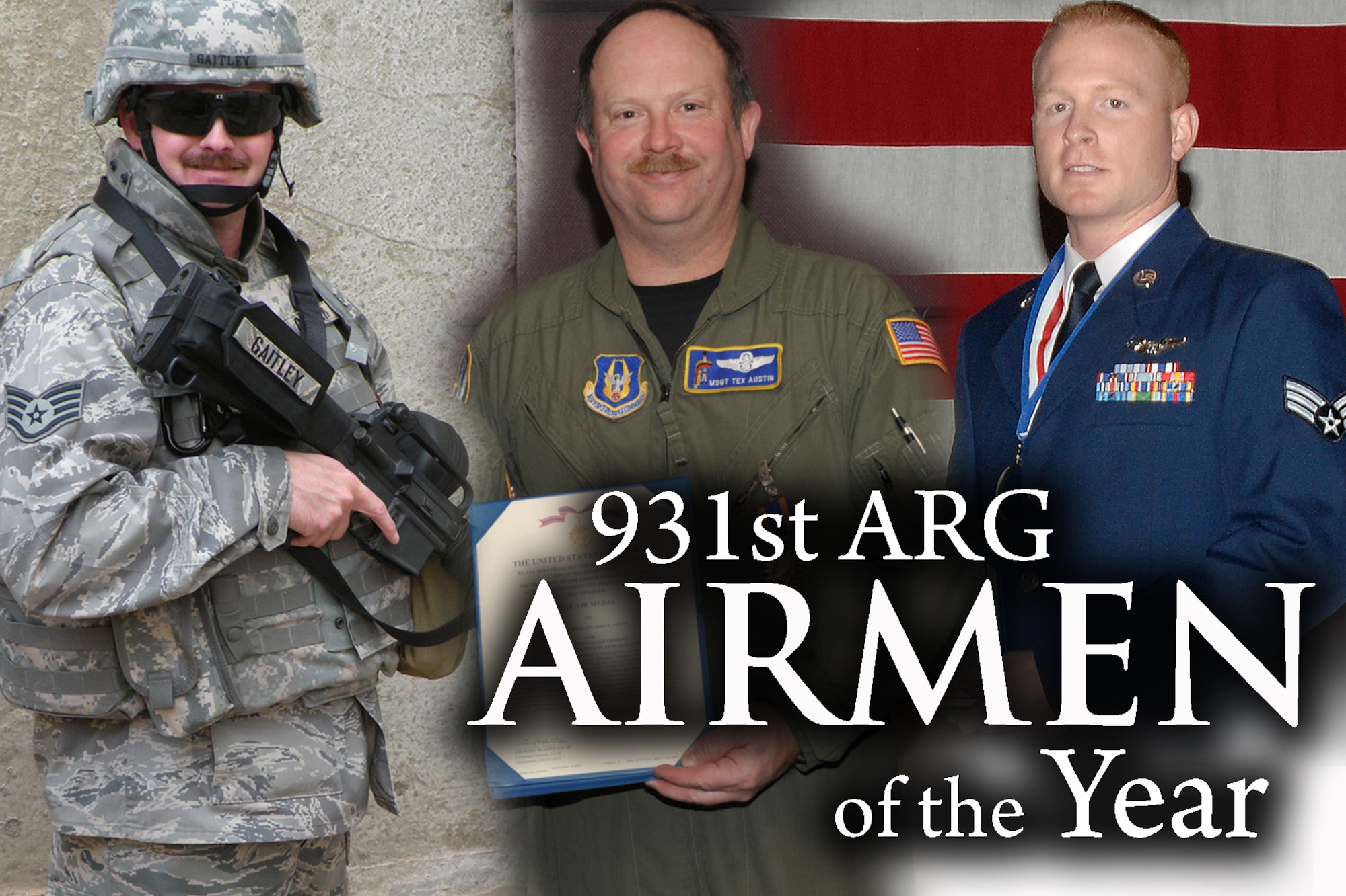 Two boom operators and a historian were selected as the 931st Air Refueling Group's 2009 Airmen of the Year. Selected were Master Sgt. John "Tex" Austin (center) as Staff Noncommissioned Officer of the Year, Tech. Sgt. Scott Gaitley (on left) as NCO of the Year, and recently-promoted Staff Sgt. Gregery Brashier as Airman of the Year. Sergeant Gaitley is the 931st ARG historian. Sergeant's Austin and Brashier are assigned to the 18th Air Refueling Squadron, the 931st's flying unit. (Illustration by Master Sgt. Jason Schaap)