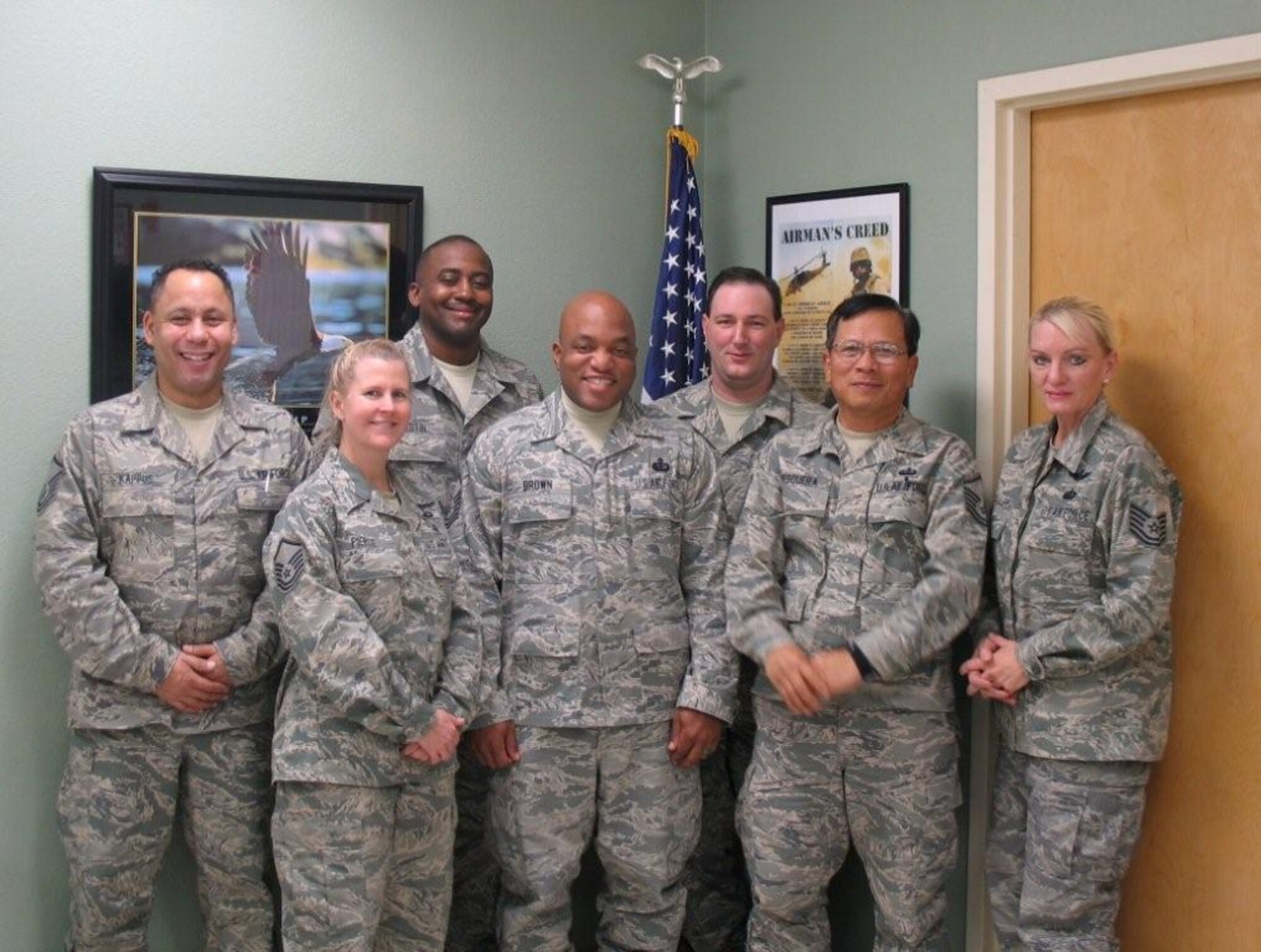 Seven Services Flight Reservists from the 940th Wing at Beale Air Force Base are among volunteers tapped to deploy in support of Haitian humanitarian relief efforts.  The group is on their way to Homestead Air Reserve Base, Florida, where they will backfill positions performing a wide variety of duties. The Reservists being deployed include Master Sgt. Leo Kappus, Master Sgt. Marielinda Pierce, Tech. Sgt. Francois Celestin, Master Sgt. Henry Brown, Tech. Sgt. Curtis Pace, Master Sgt. Domingo Pesquera, and Tech. Sgt. Margaret O’Malley. (U.S. Air Force Photo/Master Sgt. Bryan Nicolos)