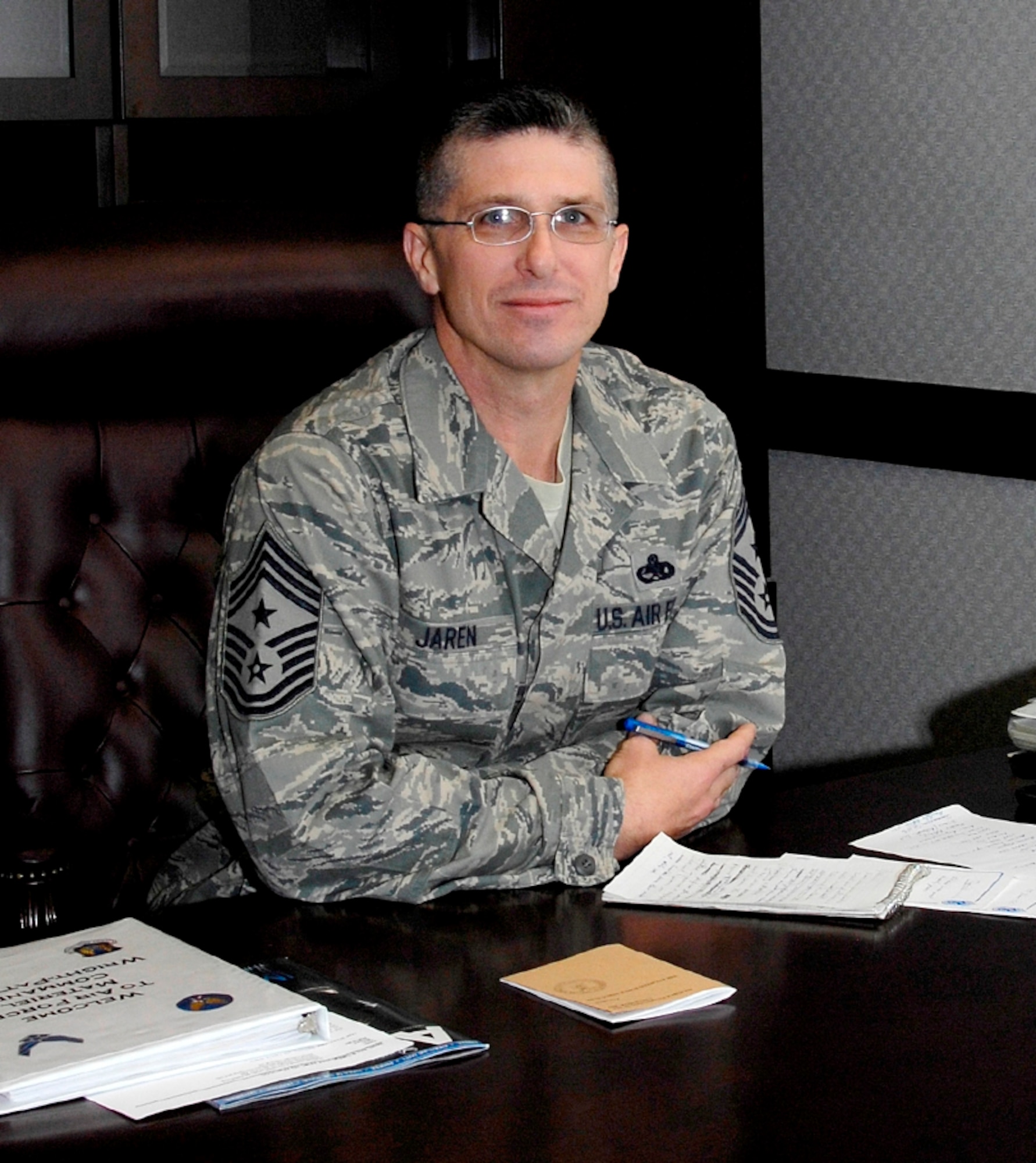 Chief Master Sgt. Eric R. Jaren has learned that a successful career requires not only fulfilling your duties, but thinking outside the box as well. Chief Jaren was recently named Air Force Materiel Command's new command chief. (U.S. Air Force photo/Mike Libecap)