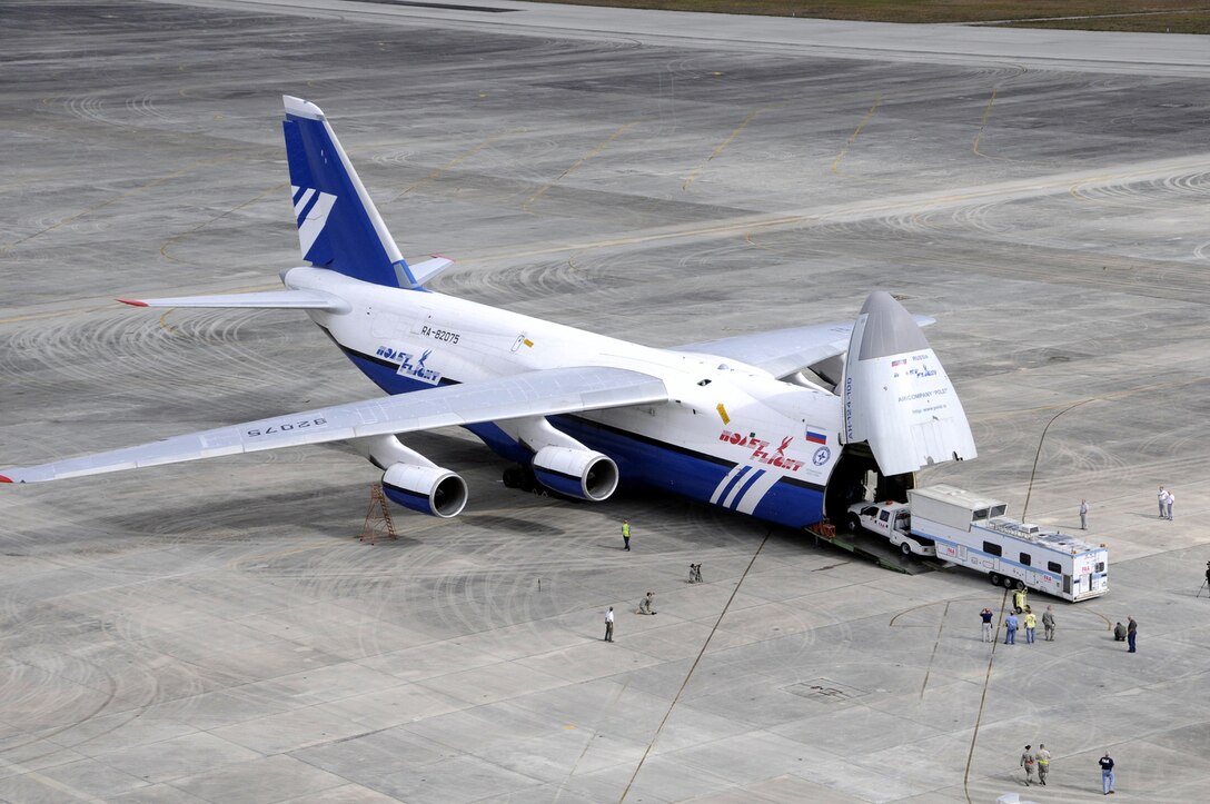 The Federal Aviation Administration load the mobile air traffic control tower aboard an Antonov An-124 at Homestead ARB en route to Hait on Jan.21. The tower will be used to help improve proficiency of aircraft flying in and out of Haiti.; (U.S. Air Force photo/Tim Norton)