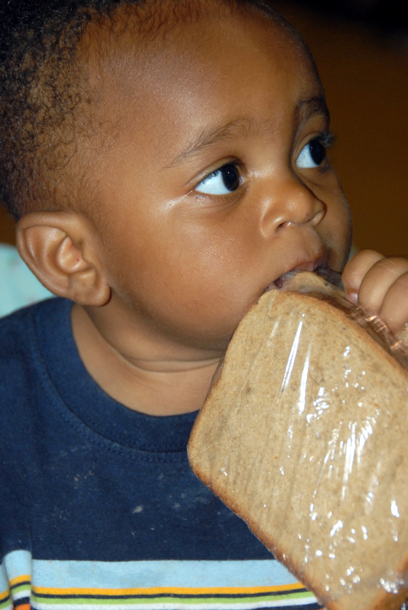 A young Haitian boy uses a sandwich from a box lunch as a toy. The meal was prepared by the 482nd Services Sqaudron, Homestead Air Reserve Base, Fla. The 482nd is preparing 500-800 box lunches a day in support of Operation Unified Response. (Air Force photo/Master Sgt. Chance Babin)
