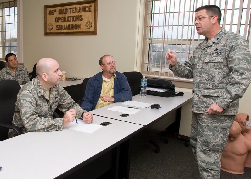 Air Force Reserve Lieutenant Col. David Booher, 919th Maintenance Group deputy commander, instructs Eglin Air Force Base active-duty and civilian students in maintenance resource management principles.   The Duke Field Airman was one of two reservists selected by Air Force Materiel Command to teach the active-duty course covering areas such as mitigating the consequences of human error and identifying the human factor cause of most aircraft maintenance mishaps.  (Courtesy photo)
