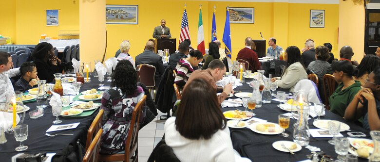 Brig. Gen. C.Q. Brown Jr., 31st Fighter Wing commander, gives closing remarks during a Martin Luther King Jr. observance dinner held Jan. 20, 2010 at Aviano Air Base, Italy.  The federal holiday called Martin Luther King Jr. Day was first celebrated in 1986 and is held on the third Monday in January.  Mr. King was a chief spokesman for nonviolent activism during the civil rights movement.  (U.S. Air Force photo/Senior Airman Tabitha M. Mans)