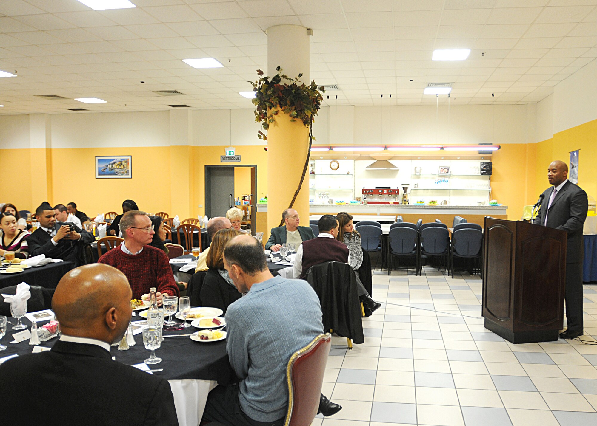 Chaplain (Capt.) Christian Williams, a guest speaker from Lackland Air Force Base, Texas, highlighted some of the many achievements made by Martin Luther King Jr. during his speech at an observance dinner held Jan. 20, 2010 at Aviano Air Base, Italy.  President Reagan signed a bill Nov. 2, 1983, creating the federal holiday called Martin Luther King Jr. Day held on the third Monday in January.  It was first celebrated in 1986.  (U.S. Air Force photo/Senior Airman Tabitha M. Mans)