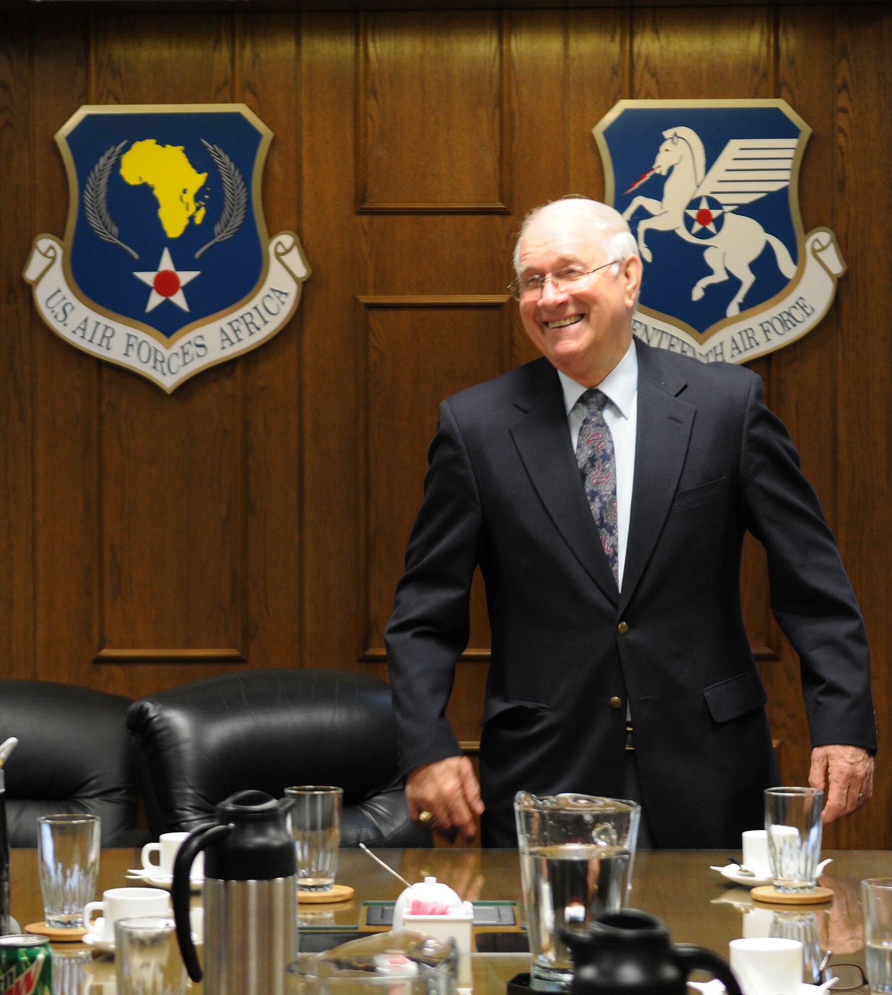 The eighth Chief Master Sgt. of the Air Force, Sam Parish, visits members of the 17th Air Force during a tour here Jan. 20. The former CMSAF also took a tour of the 17th Air Force Headquarters building and directorates to have a better understanding of how the unit works with partner nations in Africa. He was advisor to secretaries of the Air Force Verne Orr and Russell A. Rourke and Chief of Staff of the Air Force Gen. Charles A. Gabriel. He served as U.S. Air Forces in Europe senior enlisted advisor at Ramstein from November 1977 to August 1980. 
