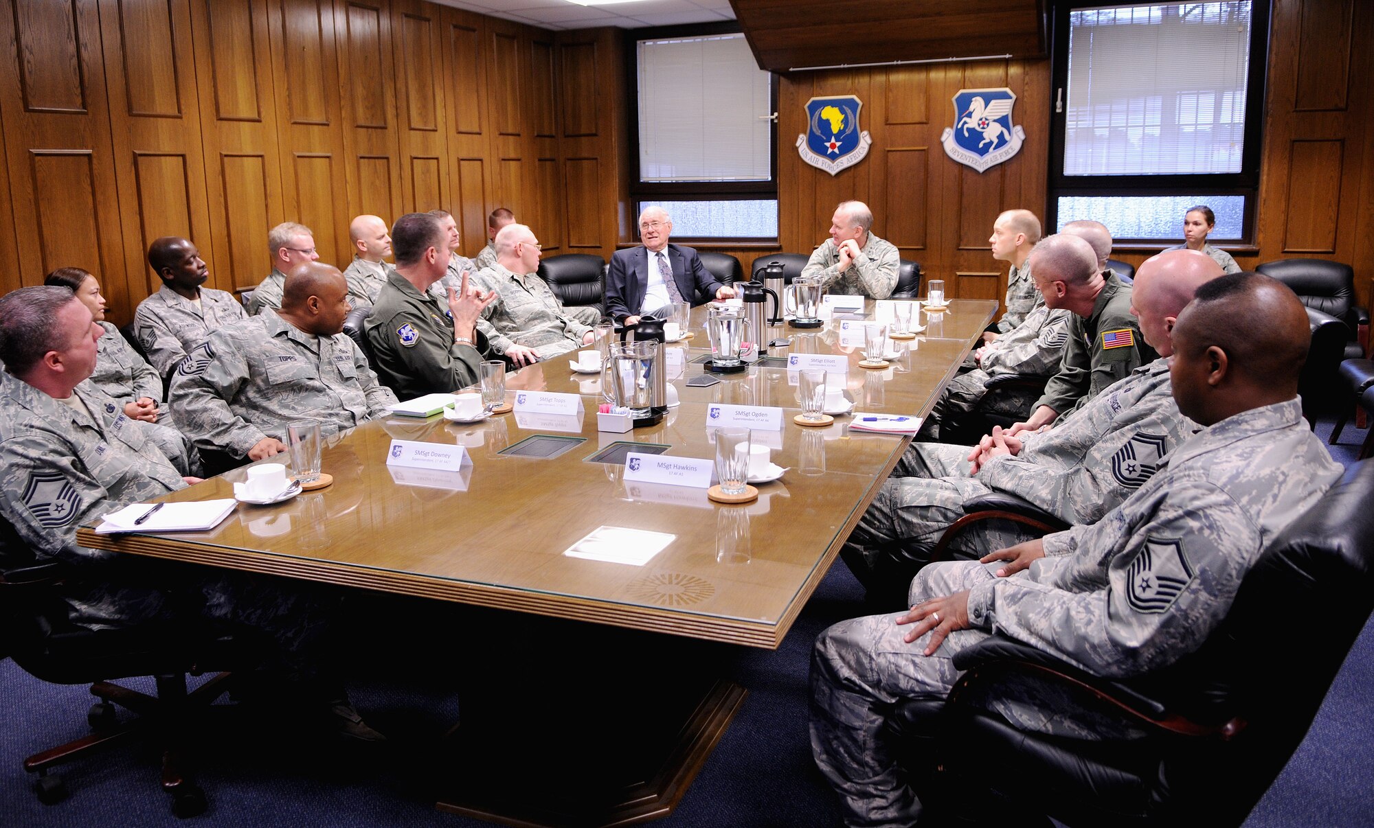 The eighth Chief Master Sgt. of the Air Force, Sam Parish, visits members of the 17th Air Force during a tour here Jan. 20. The former CMSAF also took a tour of the 17th Air Force Headquarters building and directorates to have a better understanding of how the unit works with partner nations in Africa. He was advisor to secretaries of the Air Force Verne Orr and Russell A. Rourke and Chief of Staff of the Air Force Gen. Charles A. Gabriel. He served as U.S. Air Forces in Europe senior enlisted advisor at Ramstein from November 1977 to August 1980. 