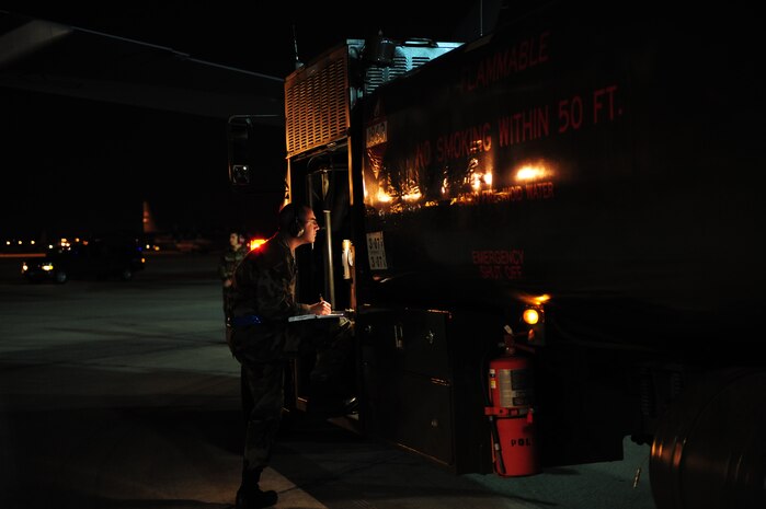 U.S. Air Force Senior Airman Robert Bayless, 43rd Logistical Readiness Squadron, Pope Air Force Base, N.C., logs the fuel supplied to a C-17 Globemaster III aircraft from the 437th Airlift Wing, Charleston AFB, S.C., before a mission departing Pope AFB in support of Operation Unified Response Jan. 21, 2010. Pope AFB acted as a staging point for the Charleston AFB C-17 aircrew as they carried out the air delivery mission. (U.S. Air Force photo by Staff Sgt. Jacob N. Bailey) (RELEASED)