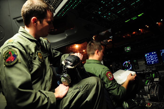 U.S. Air Force Maj. Jason Kirkland, left, and 1st Lt. David Redwine, C-17 Globemaster III pilots assigned to the 15th Airlift Squadron, Charleston Air Force Base, S.C., review pre-flight checklists before an air delivery mission in support of Operation Unified Response Jan. 20, 2010. The mission was the second air delivery flown to Haiti since relief operations began. (U.S. Air Force photo by Staff Sgt. Jacob N. Bailey / Released)