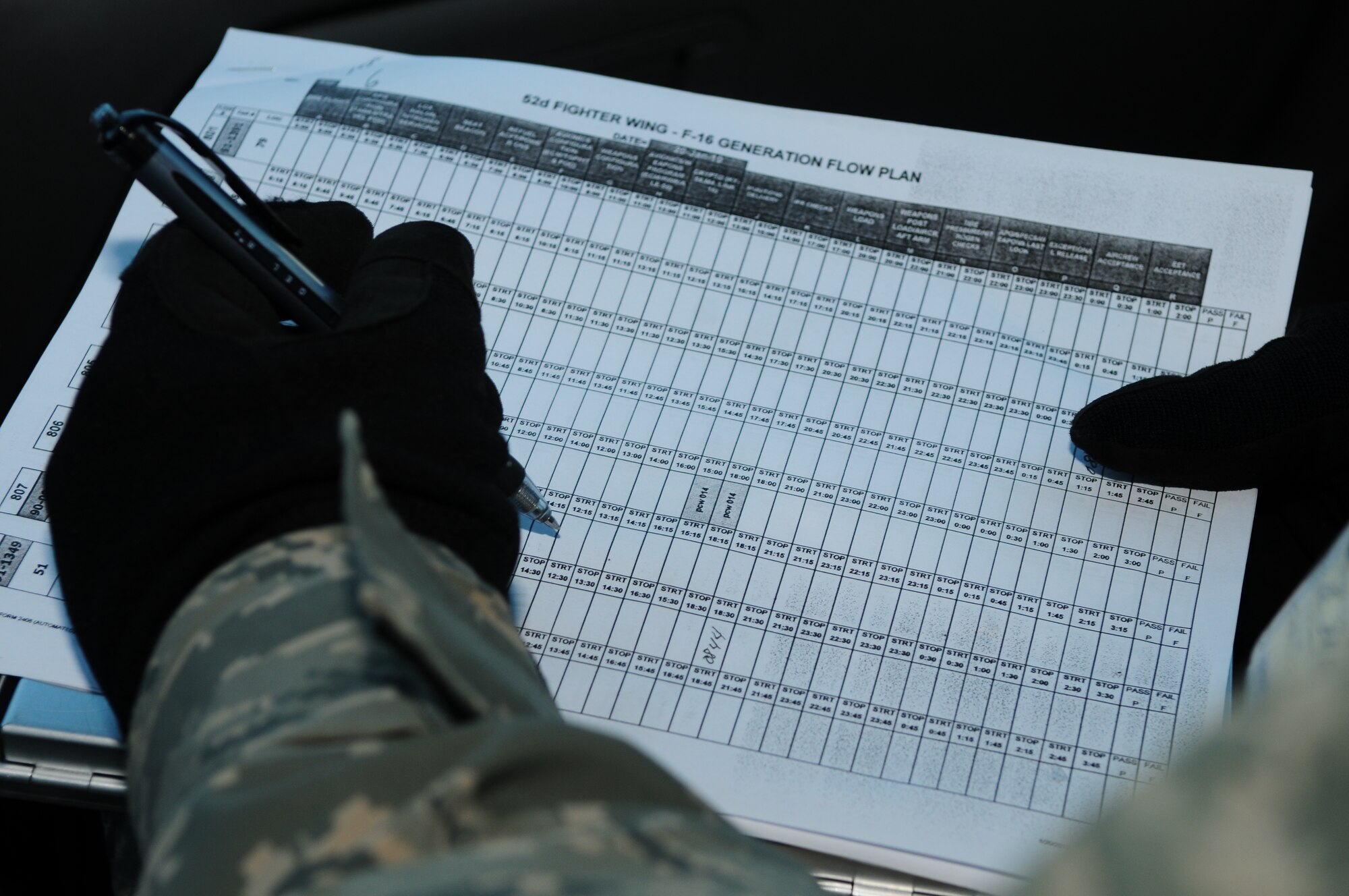 SPANGDAHLEM AIR BASE, Germany -- Master Sgt. Dave Hatch, 48th Fighter Wing Air Force Repair Enhancement Program manager, records times on an F-16 Fighting Falcon generation flow plan while monitoring radio traffic on the flightline Jan. 20. Sergeant Hatch, an exercise evaluation team observer from Royal Air Force Lakenheath, visited to assist RAF Lakenheath in preparation for an upcoming NATO evaluation.  (U.S. Air Force photo/Staff Sgt. Heather M. Norris)