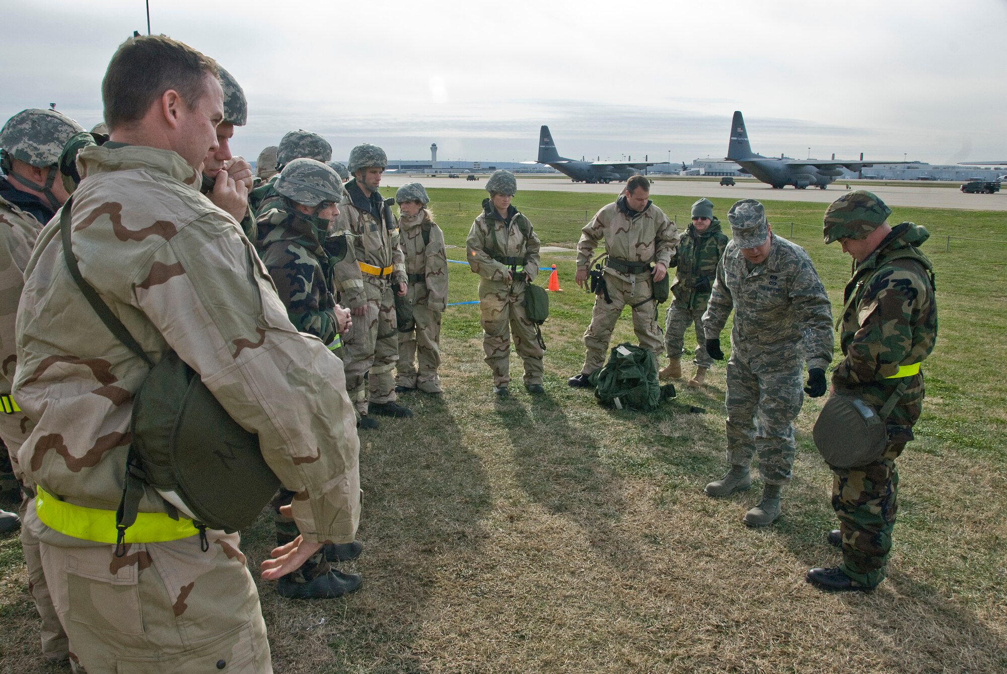 Members of the 123rd Airlift Wing receive refresher training on chemical decontamination procedures during the December drill at the Kentucky Air National Guard Base in Louisville, Ky., on Dec. 12, 2009. (United States Air Force by Senior Airman Maxwell Rechel)