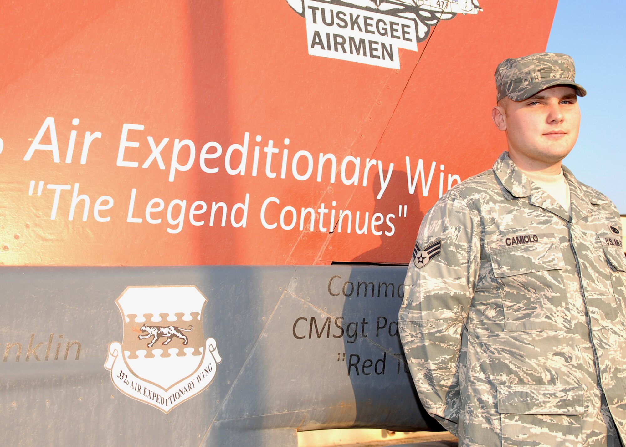 JOINT BASE BALAD, Iraq – Senior Airman Russell Camiolo of the 332nd Expeditionary Maintenance Group is the 332nd Air Expeditionary Wing's Tuskegee Airman of the Week for Jan. 10-16, 2010. Among his accomplishments, Airman Camiolo delivered more than 140 pieces of equipment in launch and support of both F-16 and C-130 aircraft.  (U.S. Air Force photo/Airman 1st Class Allison M. Boehm /Released)