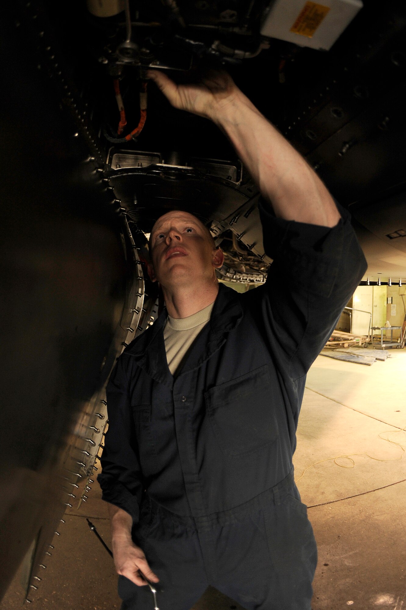BAGRAM AIRFIELD, Afghanistan--U.S. Air Force Tech. Sgt. Joe Culberson, 455th Expeditionary Maintenance Squadron, looks over an F-15E on Bagram Airfield Jan. 23, 2010. Culberson is deployed from Royal Air Force Lakenheath, England, and is from Chattanooga, Tenn. (U.S. Air Force photo by: Tech. Sgt. Jeromy K. Cross/released)



