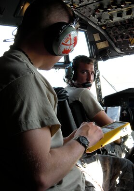 Master Sgt. Cody Ingemansen (foreground) discusses engine readouts to Tech. Sgt. Steven Pearson during a C-130 Hercules engine run Jan. 24 at Muniz Air Base, Puerto Rico. Sergeant Ingemansen, an engine technician, and Sergeant Pearson, an Active Duty C-130 crew chief from the 52nd Airlift Squadron, performed the engine run to ensure maintenance performed on each engine earlier was correctly accomplished. Both sergeants are deployed to Puerto Rico from the Air Force Reserve's 302nd Airlift Wing in Colorado. The wing is currently assigned to the 35th Expeditionary Airlift Squadron, which supports Air Expeditionary Force Coronet Oak. The deployed members have also provided support to Haiti earthquake relief operations. (U.S. Air Force photo/Staff Sgt. Stephen J. Collier)