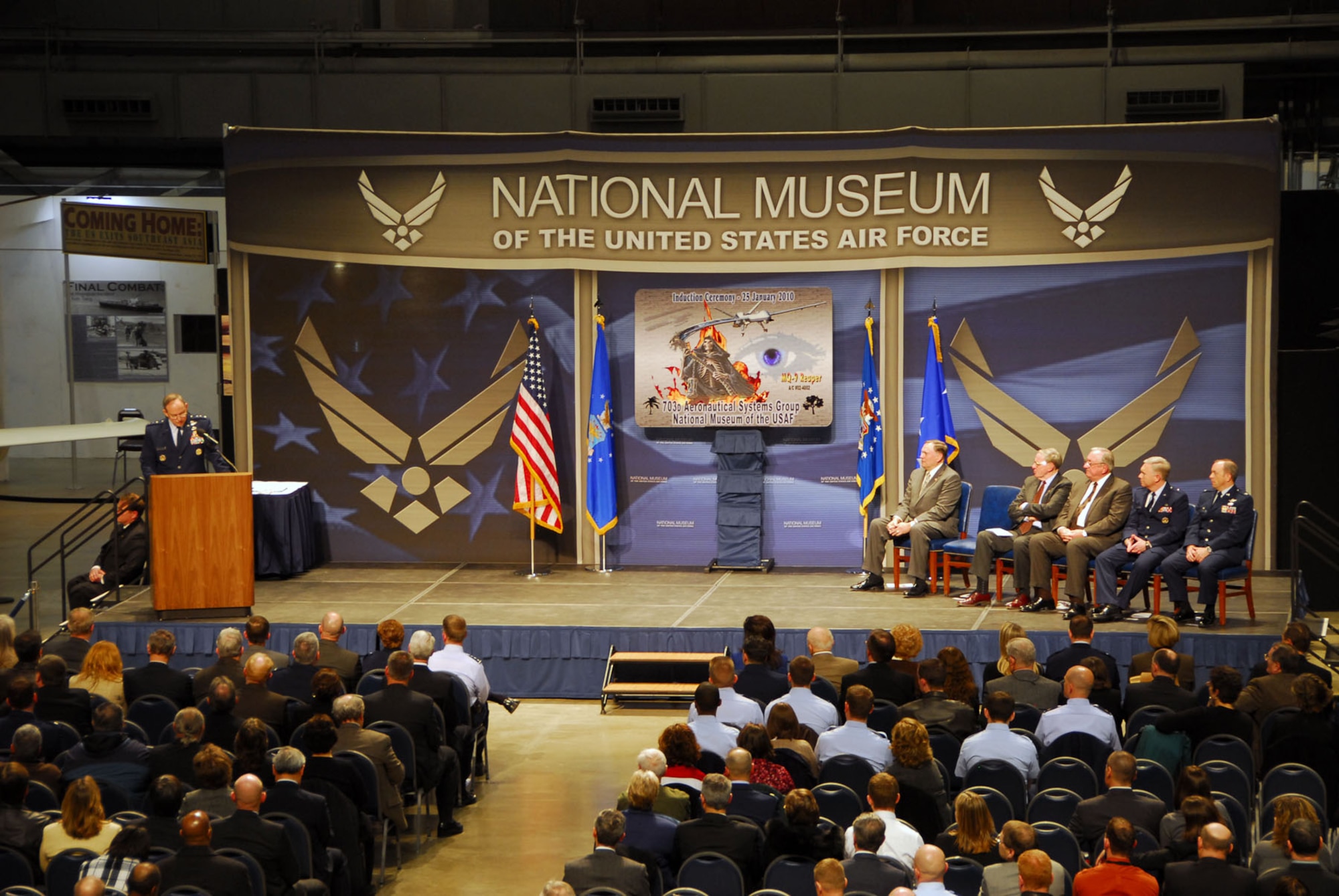 DAYTON, Ohio -- Lt. Gen. David A. Deptula, the Air Force’s Deputy Chief of Staff for Intelligence, Surveillance and Reconnaissance, addresses the audience during the MQ-9 Reaper exhibit opening at the National Museum of the U.S. Air Force on Jan. 25, 2010. (U.S. Air Force photo)
