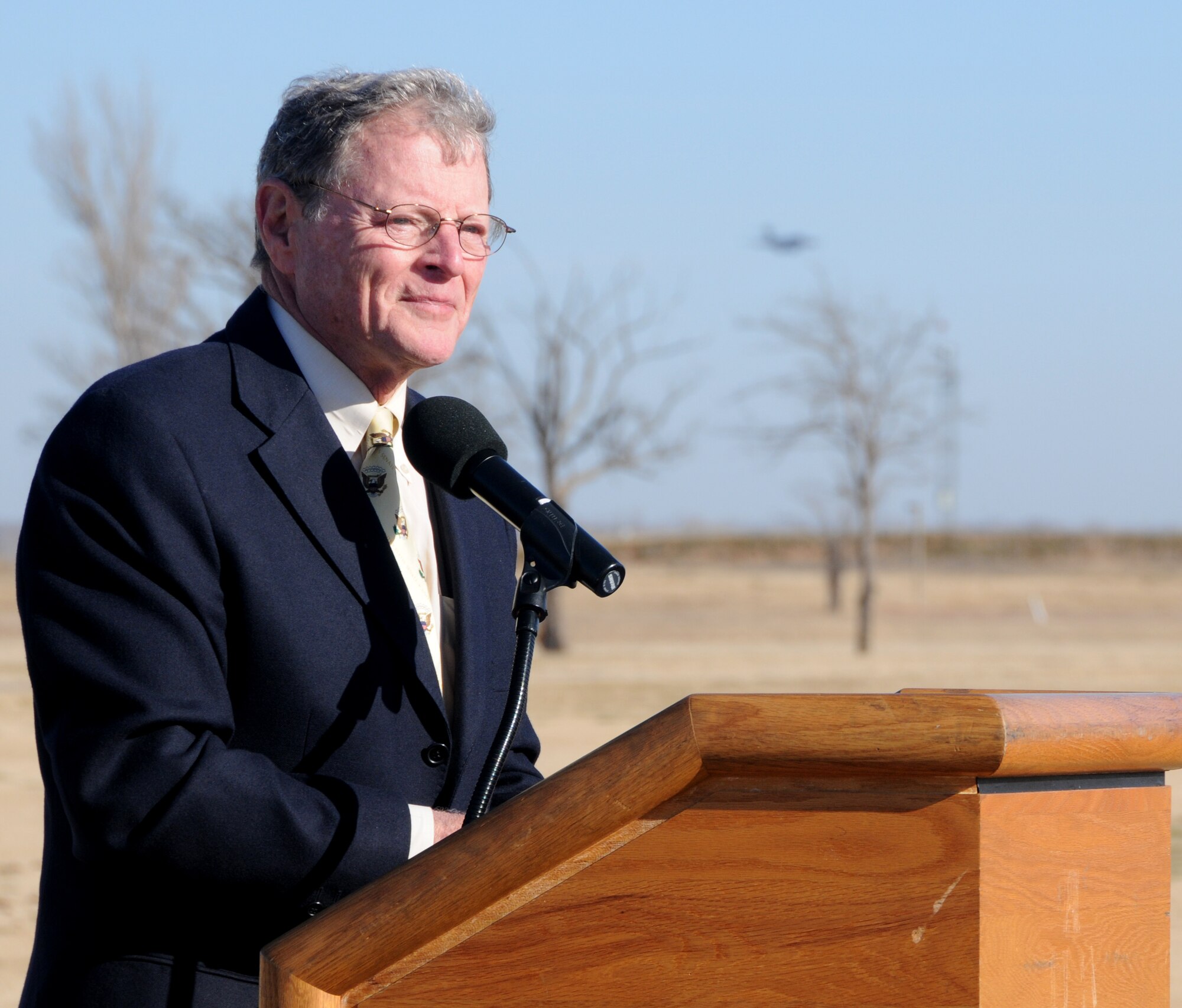 ALTUS AIR FORCE BASE, Okla. -- U.S. Senator Jim Inhofe delivers a speech at the radar approach control groundbreaking ceremony Jan. 22. The senator'ss speech depicted the new facility, which will cost $7.1 million to build and will house the state-of-the art digital aircraft surveillance radar. The new technology will bring air traffic control on base and throughout southwest Oklahoma into the 21st century. (U.S. Air Force photo/Senior Airman Cherice Bryant)
