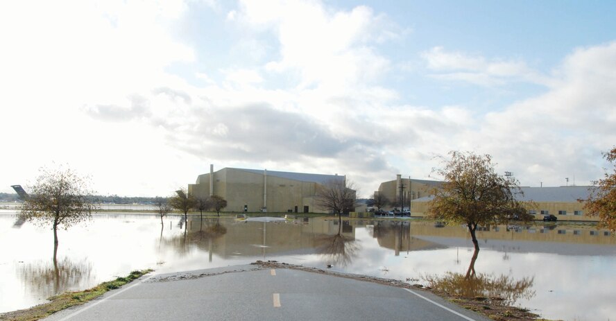 Rainwater floods a road on March Air Reserve Base, Calif., Jan. 20, 2010.  The water on parts of Graeber Street was too deep for some vehicles to pass until some of the water subsided.  (U.S. Air Force photo/ Henry Kim)