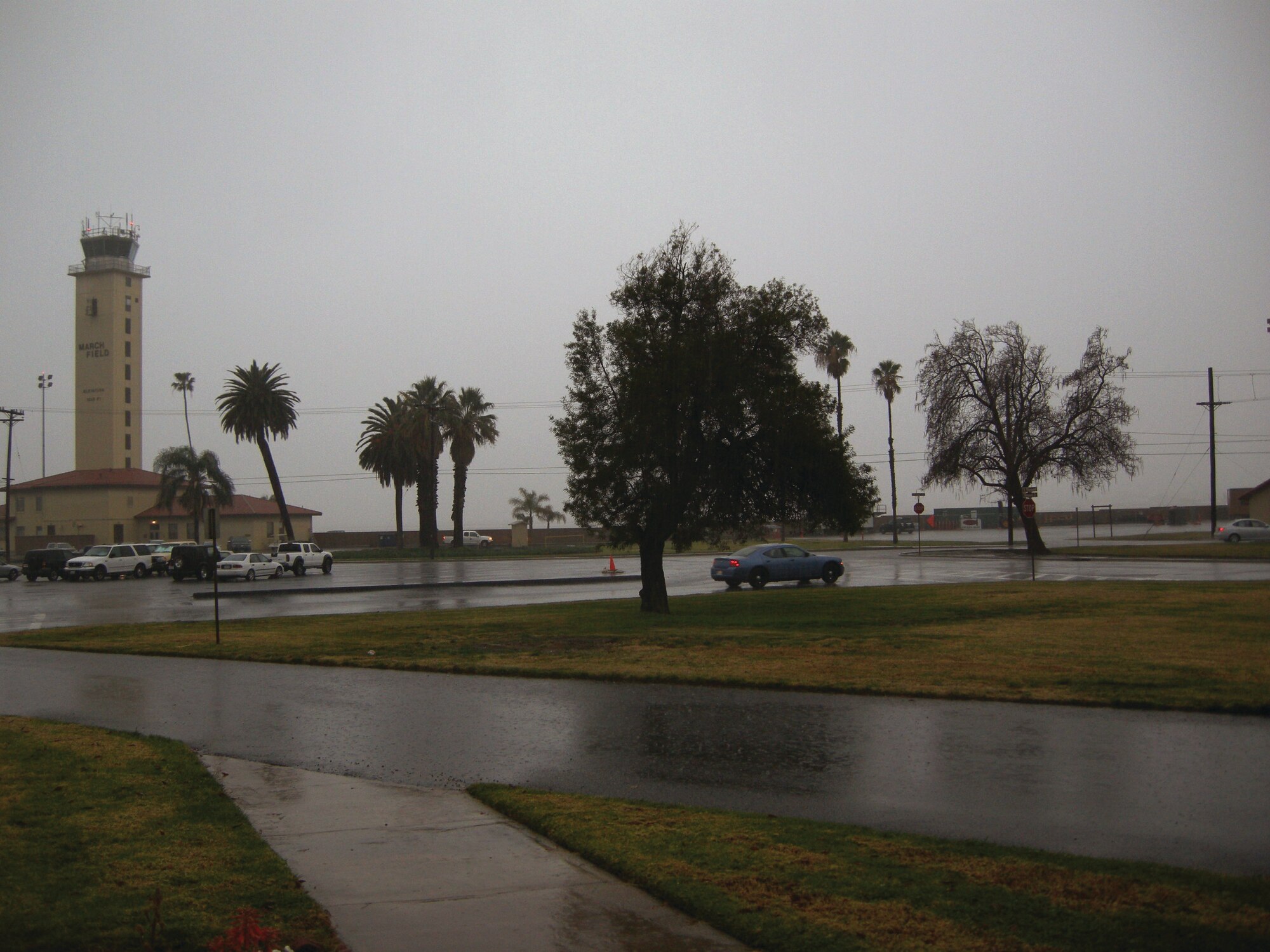 In the peak of the Jan. 20, 2010 downpour, the skies beyond the aircraft control tower at March Air Reserve Base, Calif. are as dark as they are just after sunset. (U.S. Air Force photo/ Lt. Col. Tytus Harley)
