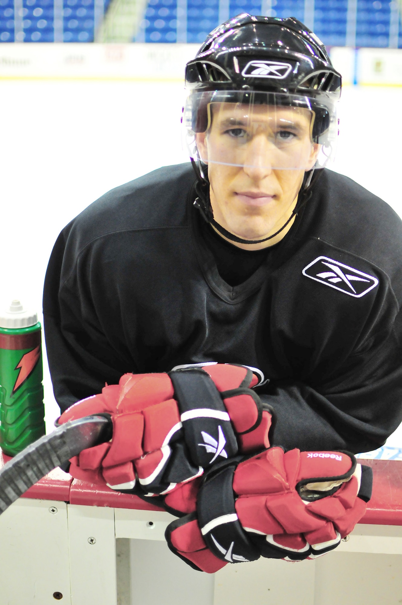 2nd Lt. Greg Flynn poses for a photograph Jan. 5, 2010, in Paul Tsongas Arena in Lowell, Mass. Lieutenant Flynn is a contract manager at Hanscom Air Force Base, Mass., and also a defender for the American Hockey League's Lowell Devils. He graduated from the U.S. Air Force Academy in May 2009. (Courtesy photo/Andrew Ramsey) 