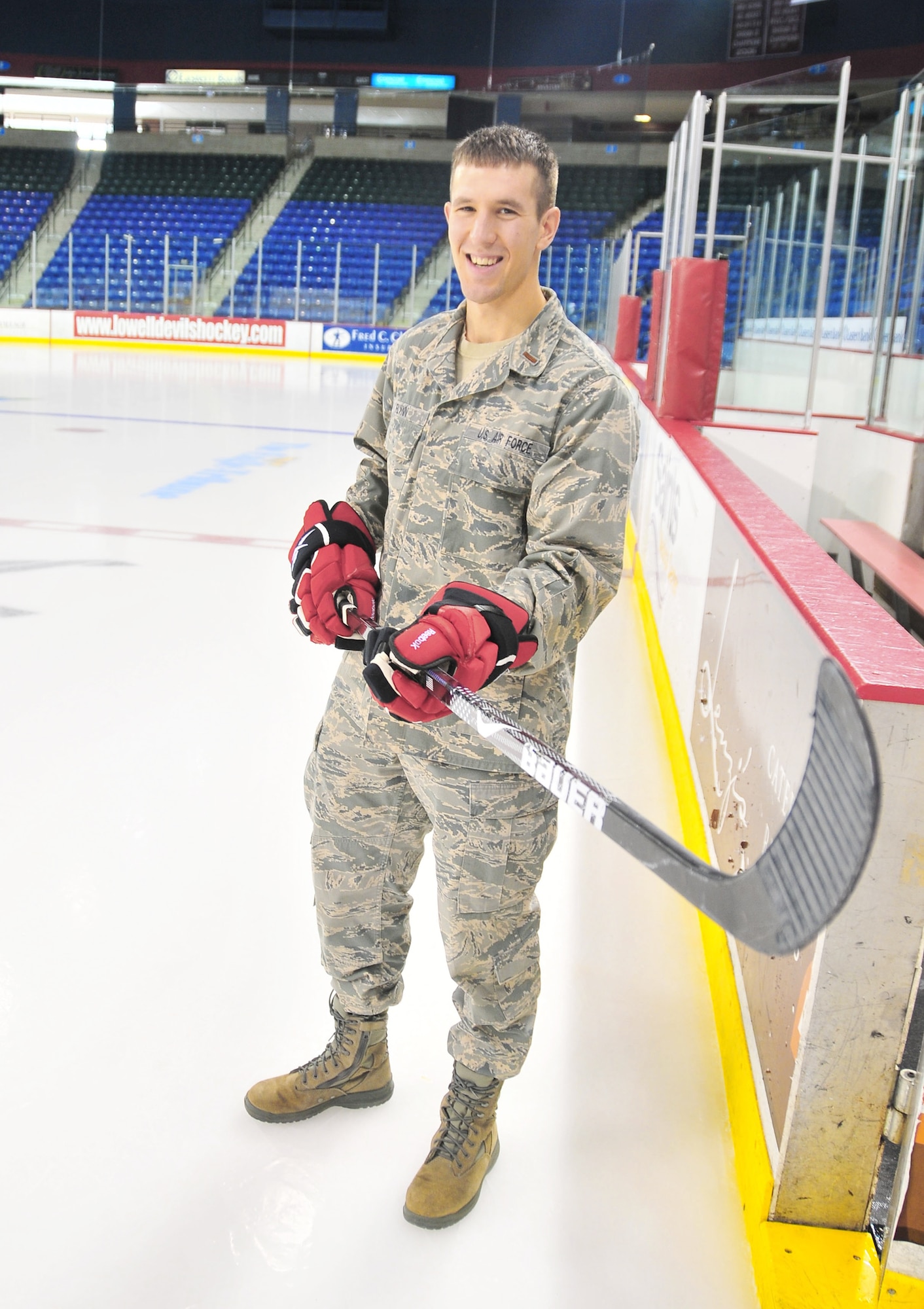 Second Lt. Greg Flynn poses for a photograph Jan. 5, 2010, in Paul Tsongas Arena in Lowell, Mass. Lieutenant Flynn is a contract manager at Hanscom Air Force Base, Mass., and also a defender for the American Hockey League's Lowell Devils. He graduated from the Air Force Academy in May 2009. (Courtesy photo/Andrew Ramsey)
