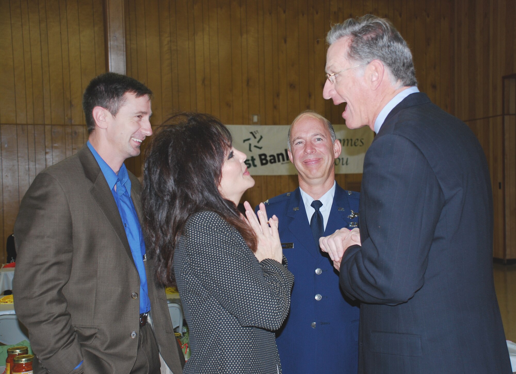 Sheppard senior leaders share a joke with Burkburnett, Texas, community members at the Burkburnett Chamber of Commerce banquet, Jan. 23. Pictured from left to right are: Col. Kevin Schneider, 80th Flying Training Wing commander, Leisa Fudge, Col. Michael Hake, 82nd Training Wing vice commander, and Matt Patterson. Not pictured are Col. Marcia Rossi, 82nd TRW director of staff, and Col. Kimberley Ramos, 82nd Mission Support Group commander. (U.S. Air Force photo/Debi Smith)