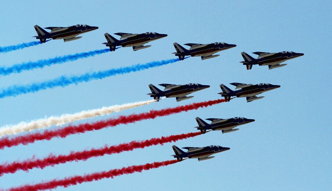 The French air force demonstration team, Patrouille de France, starts Bahrain's inaugural airshow with a flyby displaying their national colors Jan. 23, 2010. (U.S. Air Force photo/ Staff Sgt. Angelita Lawrence) 