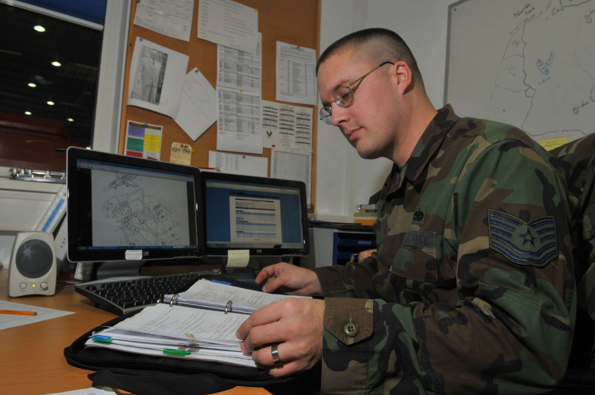 SPANGDAHLEM AIR BASE, Germany -- Tech. Sgt. Nate Furman, 52nd Equipment Maintenance Squadron F-16 Fighting Falcon phase dock chief, orders F-16 parts to facilitate the F-16's 400-hour phase inspection in Hangar 2 Jan. 21. The phase inspection is essential to keep the aircraft mission capable. (U.S. Air Force photo/Airman 1st Class Nick Wilson)