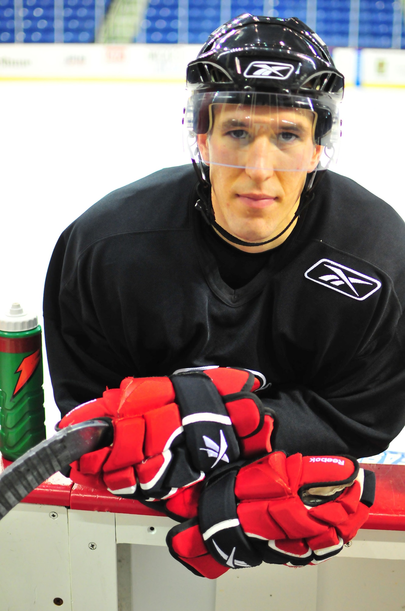Second Lt. Greg Flynn poses for a photograph in Paul Tsongas Arena in Lowell, Mass., Jan. 5, 2010. Lieutenant Flynn is a contract manager at Hanscom Air Force Base, Mass., and also a defender for the American Hockey League's Lowell Devils. He graduated from the Air Force Academy in May 2009. (U.S. Air Force photo/1st Lt. Andrew Ramsey)
