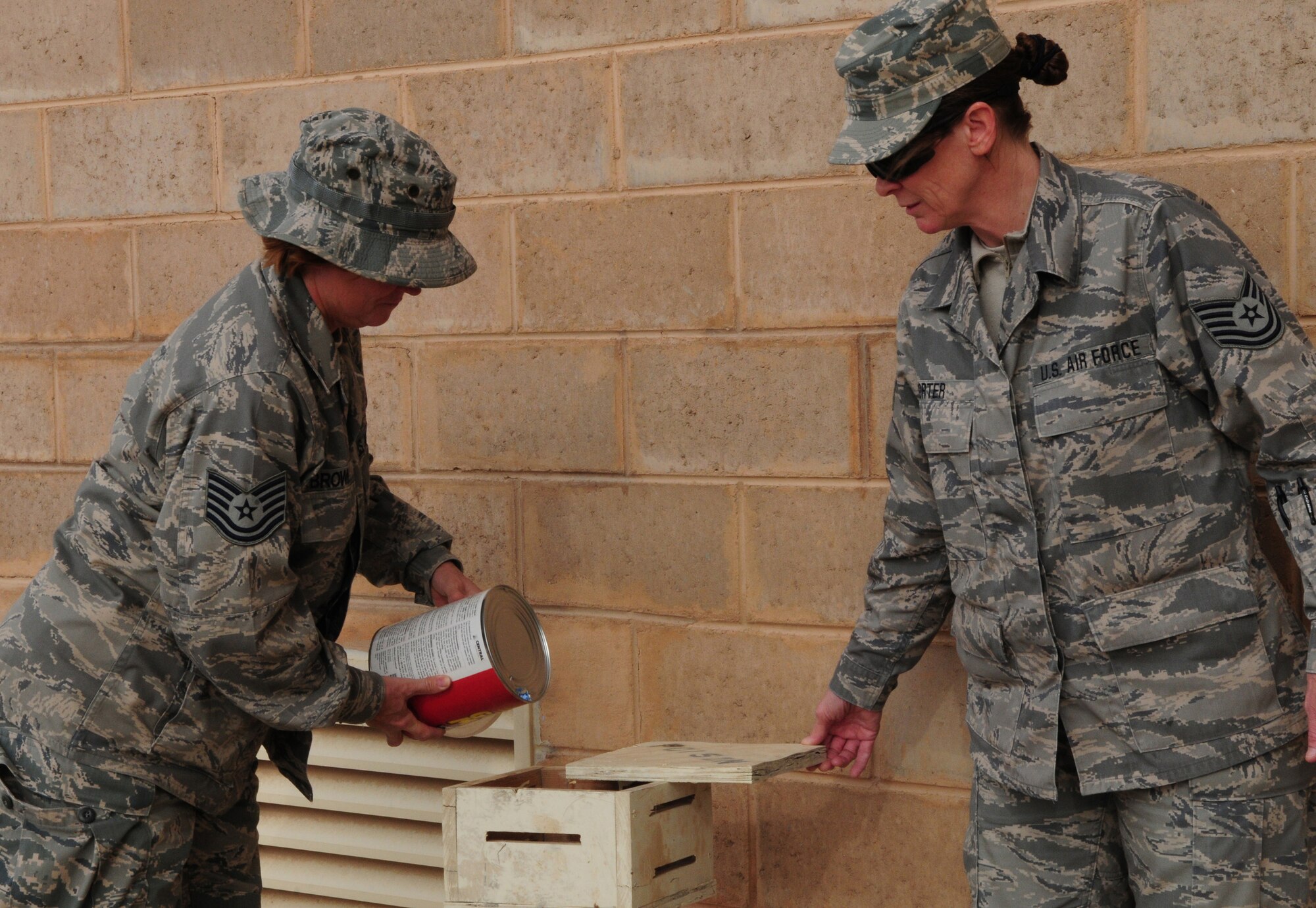 U.S. Air Force Tech. Sgt. Gina Porter, 386th Expeditionary Civil Engineer Squadron Pest Management flight, supervises coworker Tech. Sgt. Leslie Brown as she fills a poison box with pellets to help combat the fly population Jan. 10, 2010 at an air base in Southwest Asia. Sergeant Porter is deployed from the 131st Bomb Wing, Missouri Air National Guard, while Sergeant Brown is deployed from the 137th Air Refueling Wing, Will Rogers Air National Guard Base, Okla. (U.S. Air Force photo by Staff Sgt. Lakisha A. Croley/Released)