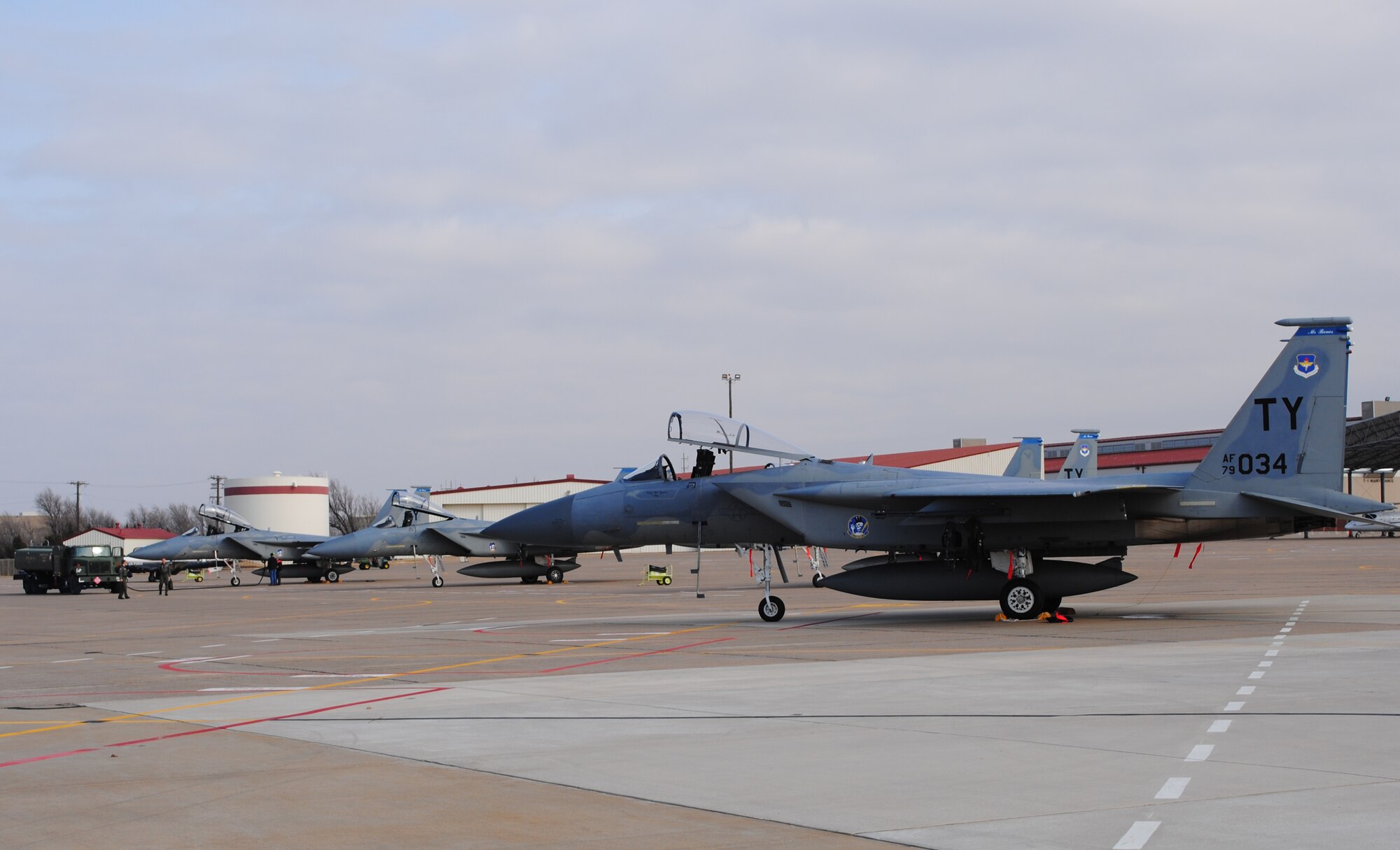 Four F-15 Cs diverted to Vance Air Force Base from Sheppard AFB, Texas, Jan. 15. Inclement weather interfered with the squadron’s plan to provide Euro-NATO student pilots with an F-15 C orientation brief. Sheppard AFB was one stop along a trip planned from Tyndall AFB, Fla., home of the 95th FS, and infamous squadron mascot “Mr. Bones,” to Hill AFB, Utah. The four F-15 Cs refueled at Vance AFB. 