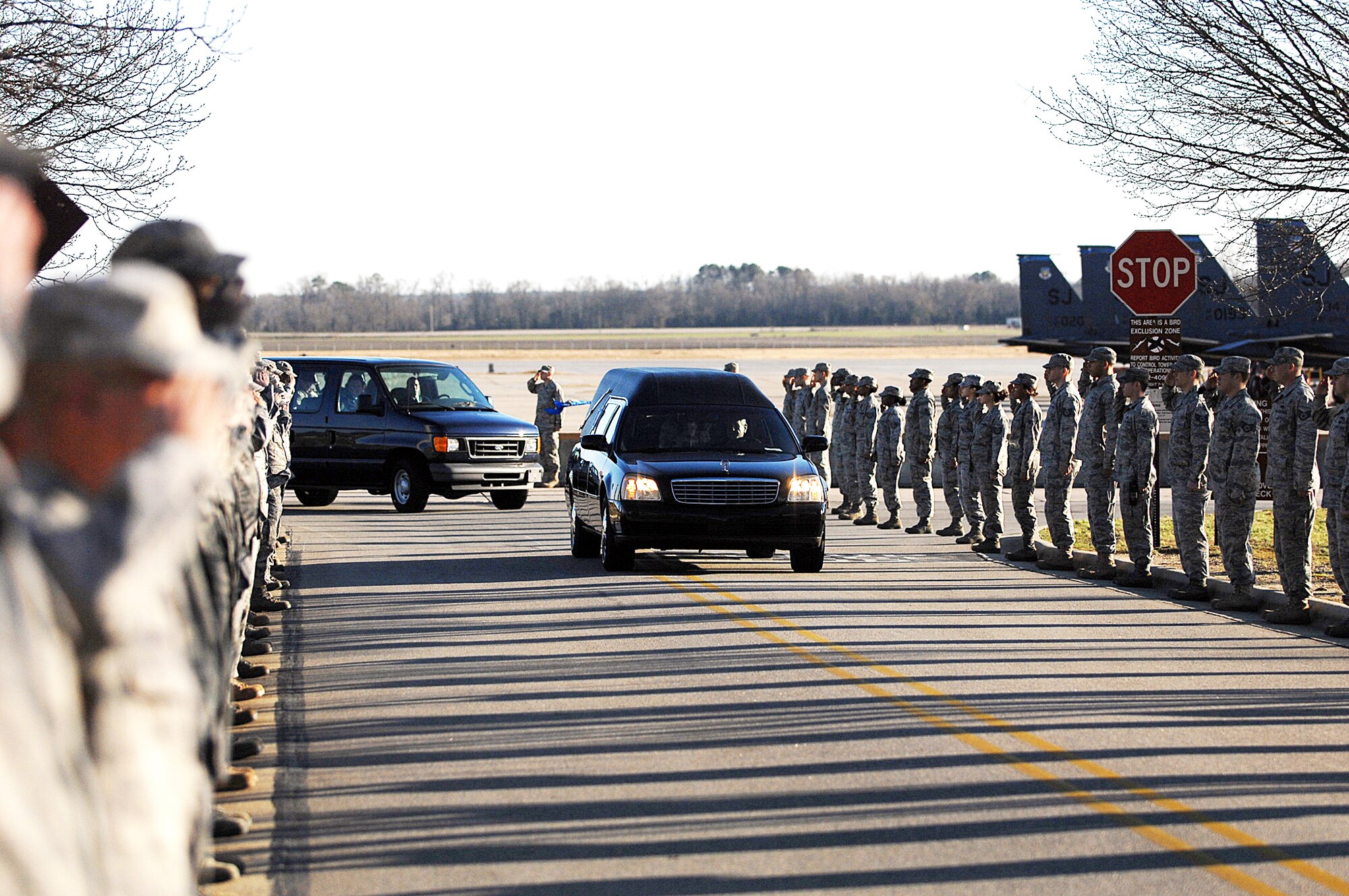 Members of the 4th Fighter Wing salute as the hearse carrying the remains of Tech. Sgt. Adam Ginett passes during a dignified transfer ceremony Jan. 25, 2010, at Seymour Johnson Air Force Base, N.C. (U.S. Air Force photo/Senior Airman Ciara Wymbs)
