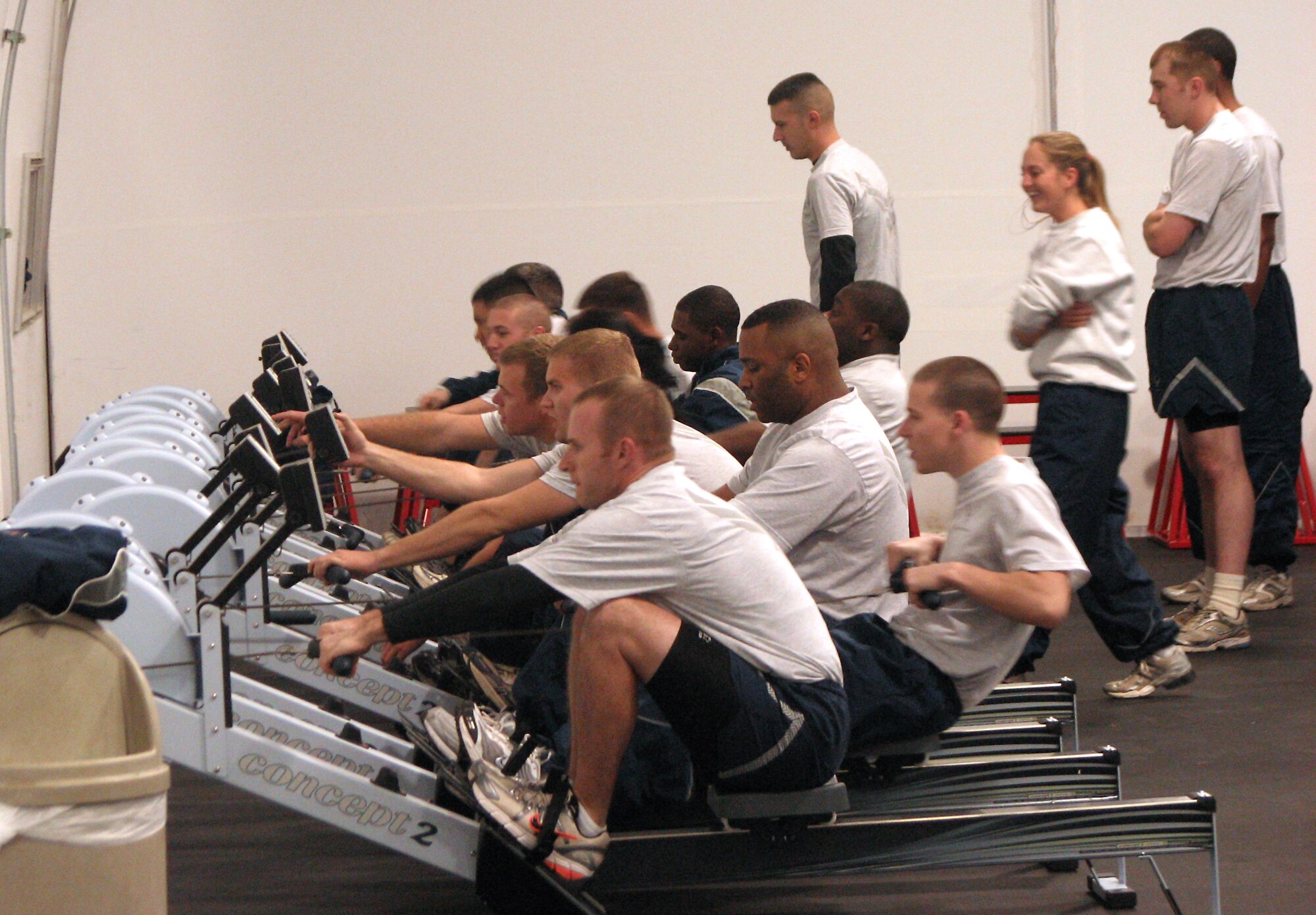 Members of the 56th Equipment Maintenance Squadron work on their endurance with the new rowing machines in an early morning physical training exercise held at the Luke Air Force Base Combat PT Center, Jan. 26. 
(U.S. Air Force photo courtesy of the 56th Equipment Maintenance Squadron)