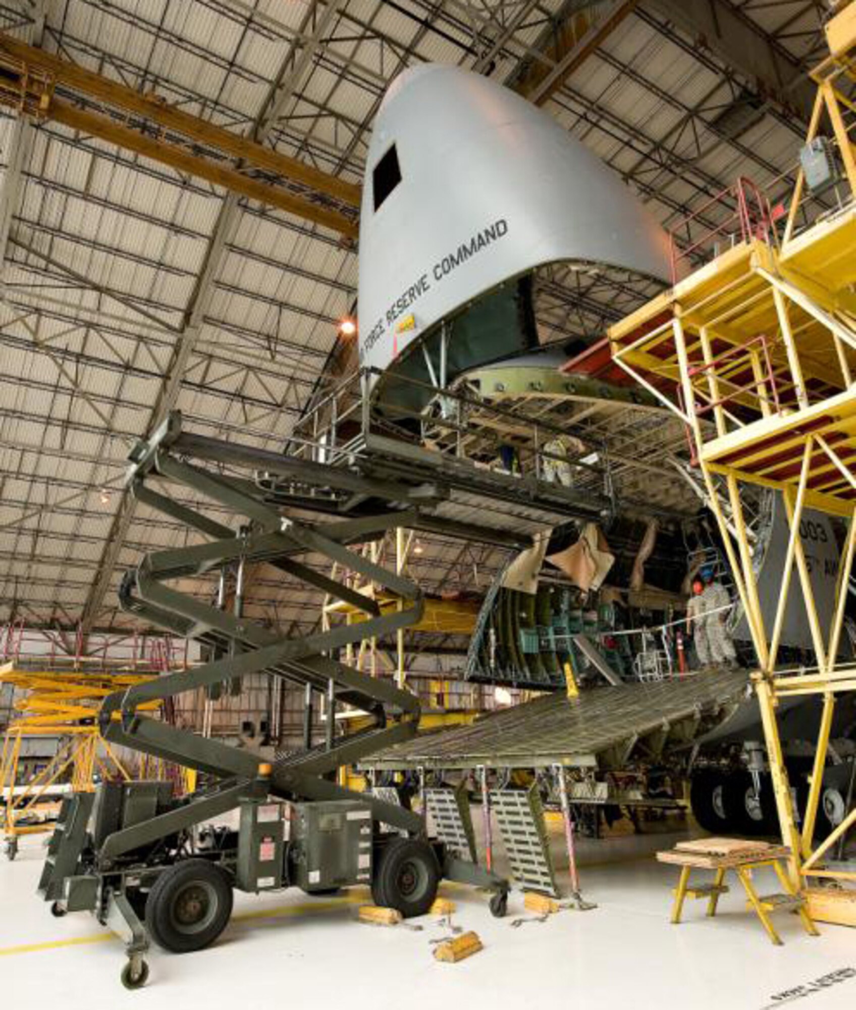 Team Dover performs major inspection on a C-5 Galaxy in the isochronal dock. 436th Maintenance Group has performed Maintenance Steering Group Three Major inspections on four C-5. This type of maintenance is a thorough structural inspection to help increase the lifespan of the plane.  (U.S. Air Force photo / Jason Minto)