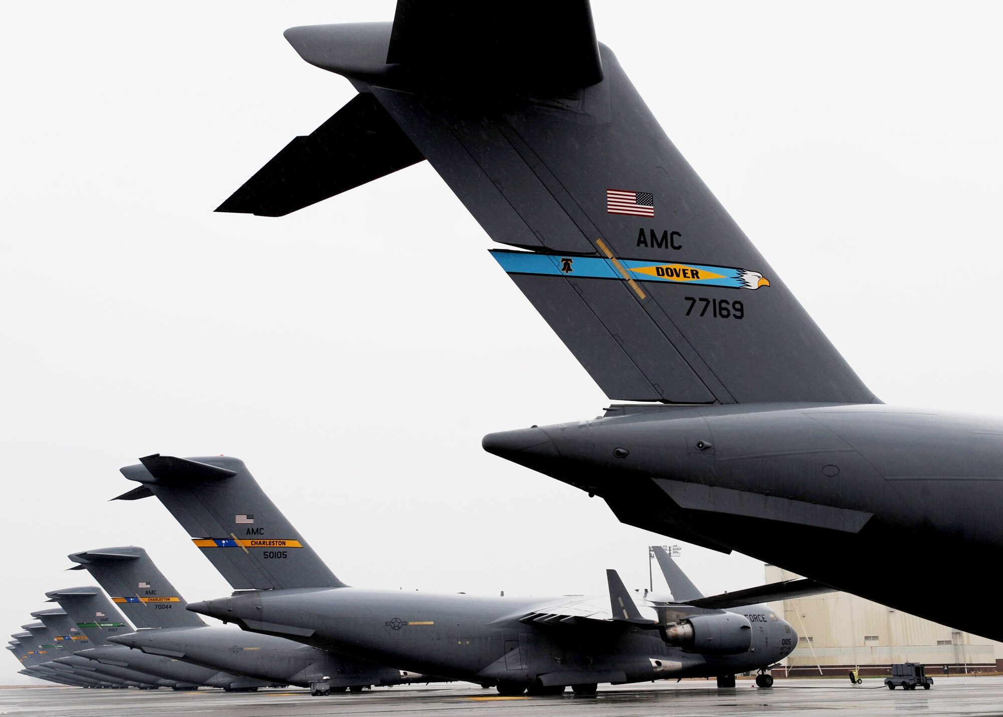 Several C-17 aircraft sit on the Charleston AFB flightline, Jan. 21. The planes are being used to support the humanitarian relief effort in Haiti. The Air Force's airlift capability enables the U.S. to respond immediately to any disaster domestically or worldwide. the U.S. is the only country with an aircraft fleet capable of providing this type of response. (U.S. Air Force photo/Senior Airman Katie Gieratz)
