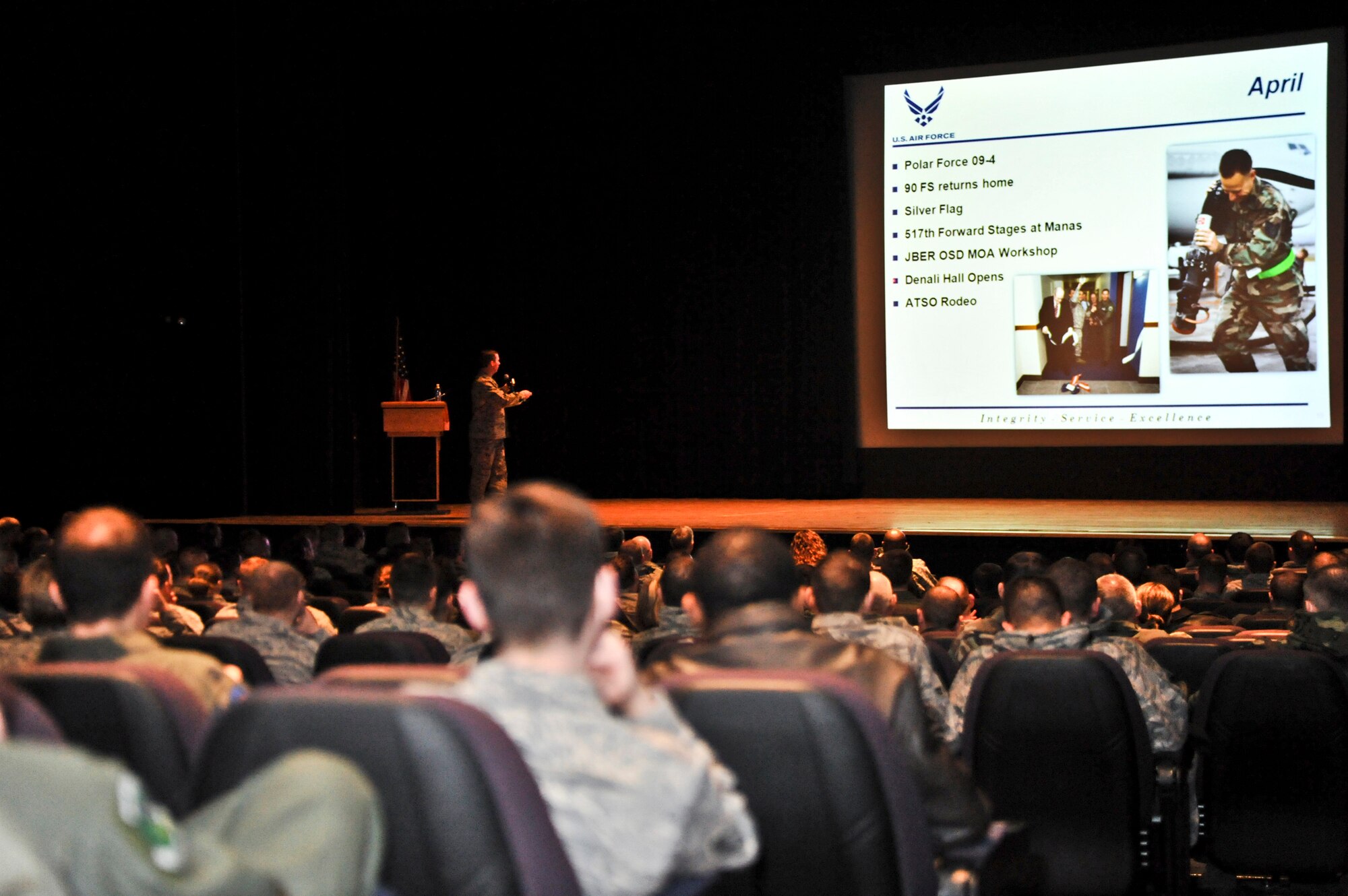 ELMENDORF AIR FORCE BASE, Alaska – Col. Thomas Bergeson, 3rd Wing commander, talks to the audience during a commander’s call Jan. 22, at the base theater. The commander discussed the 3rd Wing’s new mission statements. (Air Force photo by Airman 1st Class Christopher Gross)
