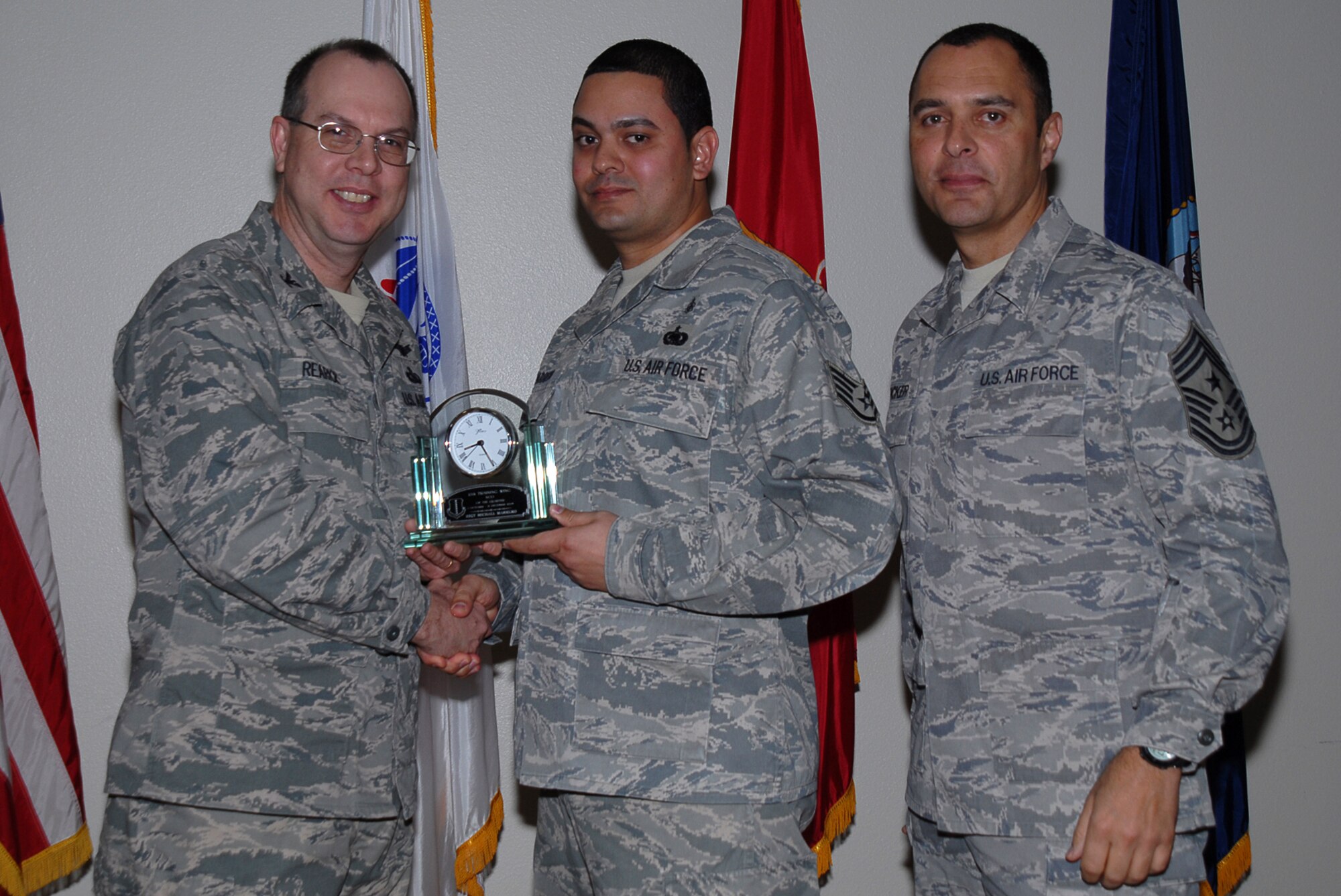 GOODFELLOW AIR FORCE BASE, Texas -- Staff Sgt. Michael Marrero, 17th Medical Group, receives 17th Training Wing NCO of the Quarter during the wing quarterly award ceremony, Jan. 26, 2010. (U.S. Air Force photo/Staff Sgt. Laura R. McFarlane)
