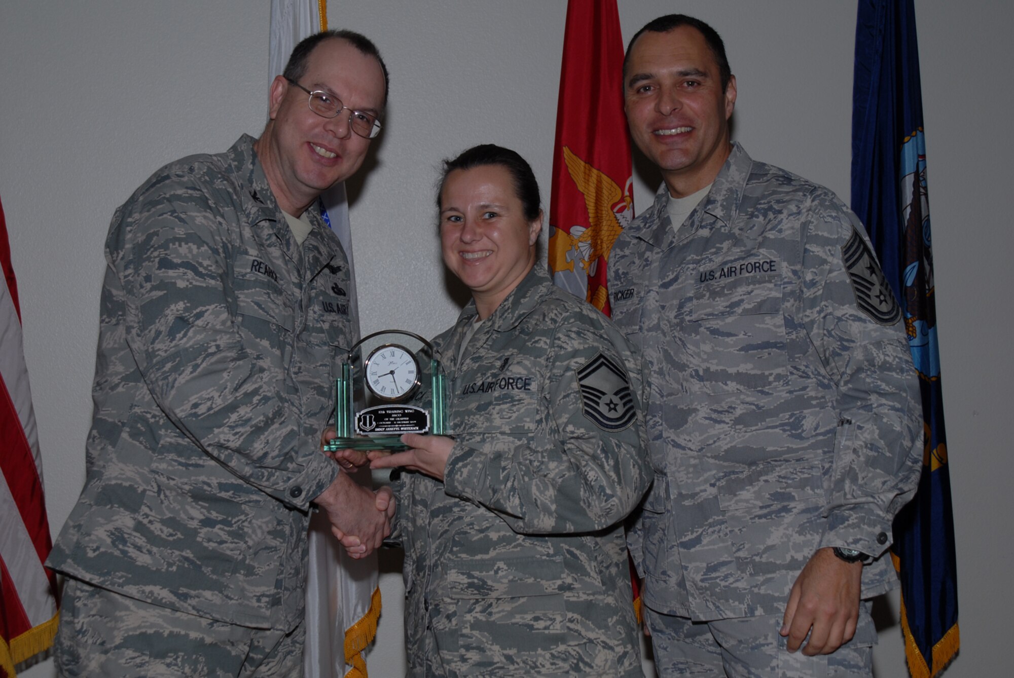 GOODFELLOW AIR FORCE BASE, Texas -- Senior Master Sgt. Annette Whitenack, 17th Medical Group, receives 17th Training Wing Senior NCO of the Quarter during the wing quarterly award ceremony, Jan. 26, 2010. (U.S. Air Force photo/Staff Sgt. Laura R. McFarlane)
