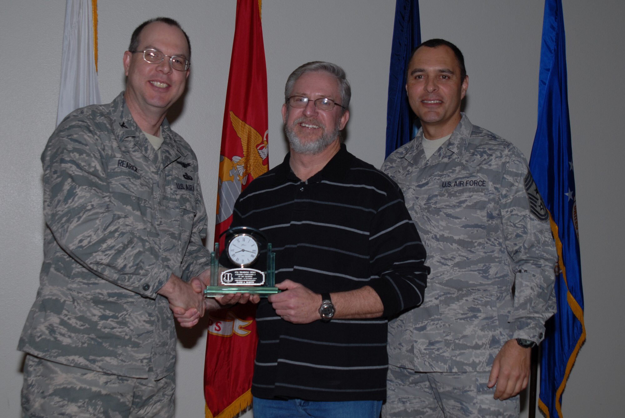 GOODFELLOW AIR FORCE BASE, Texas -- David Martin, 17th Medical Operations Squadron, receives 17th Training Wing Civilian of the Quarter Category 1 during the wing quarterly award ceremony, Jan. 26, 2010. (U.S. Air Force photo/Staff Sgt. Laura R. McFarlane)
